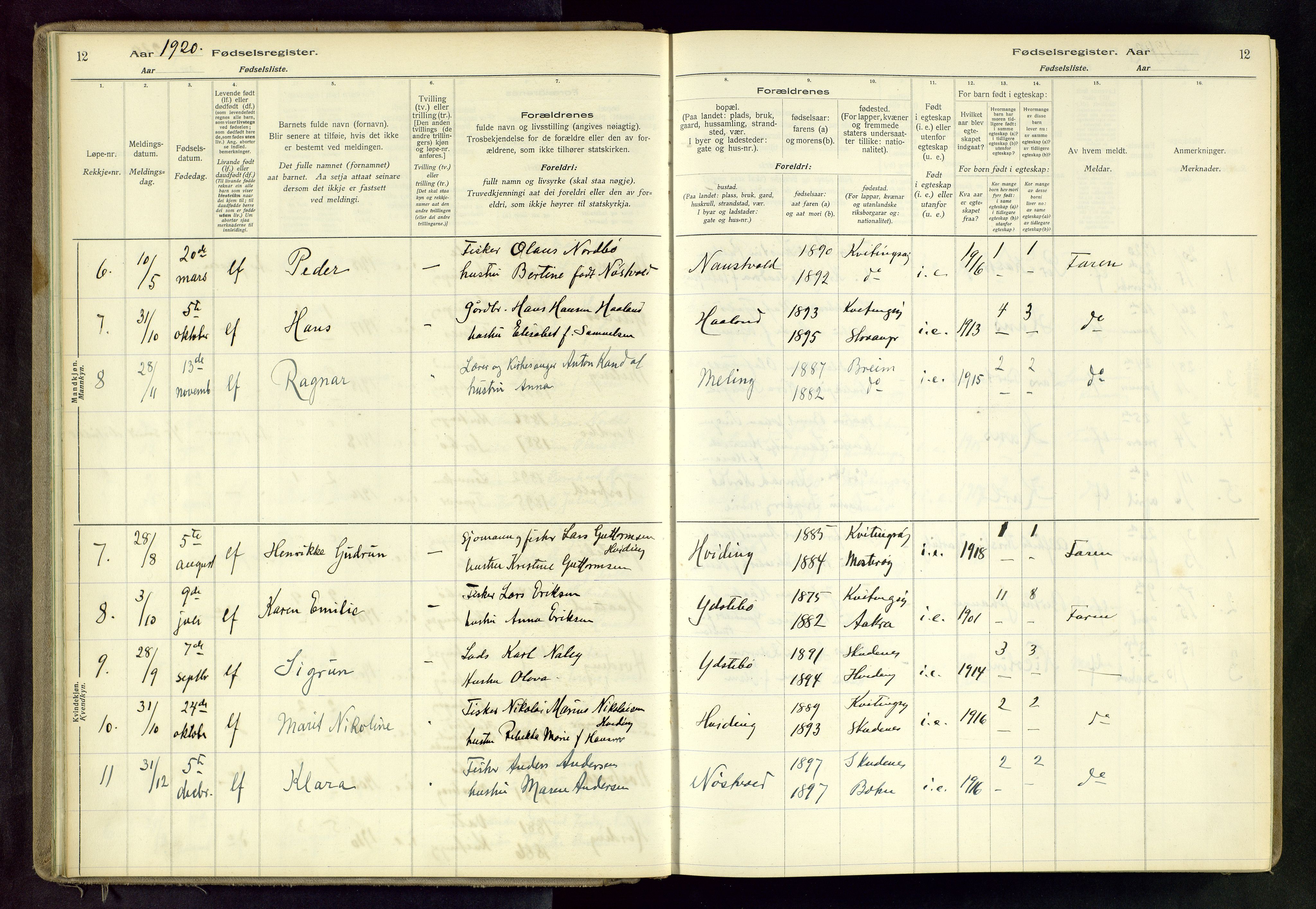 Randaberg sokneprestkontor, SAST/A-101798/001/A/L0004: Birth register no. 4, 1916-1982, p. 12