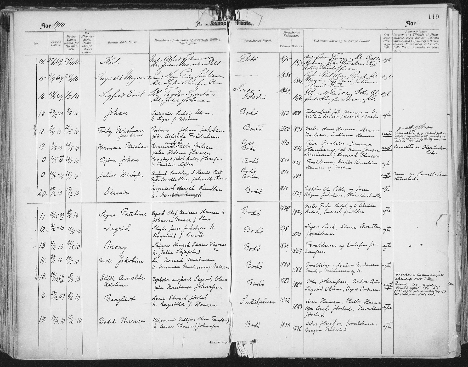 Ministerialprotokoller, klokkerbøker og fødselsregistre - Nordland, SAT/A-1459/801/L0011: Parish register (official) no. 801A11, 1900-1916, p. 119