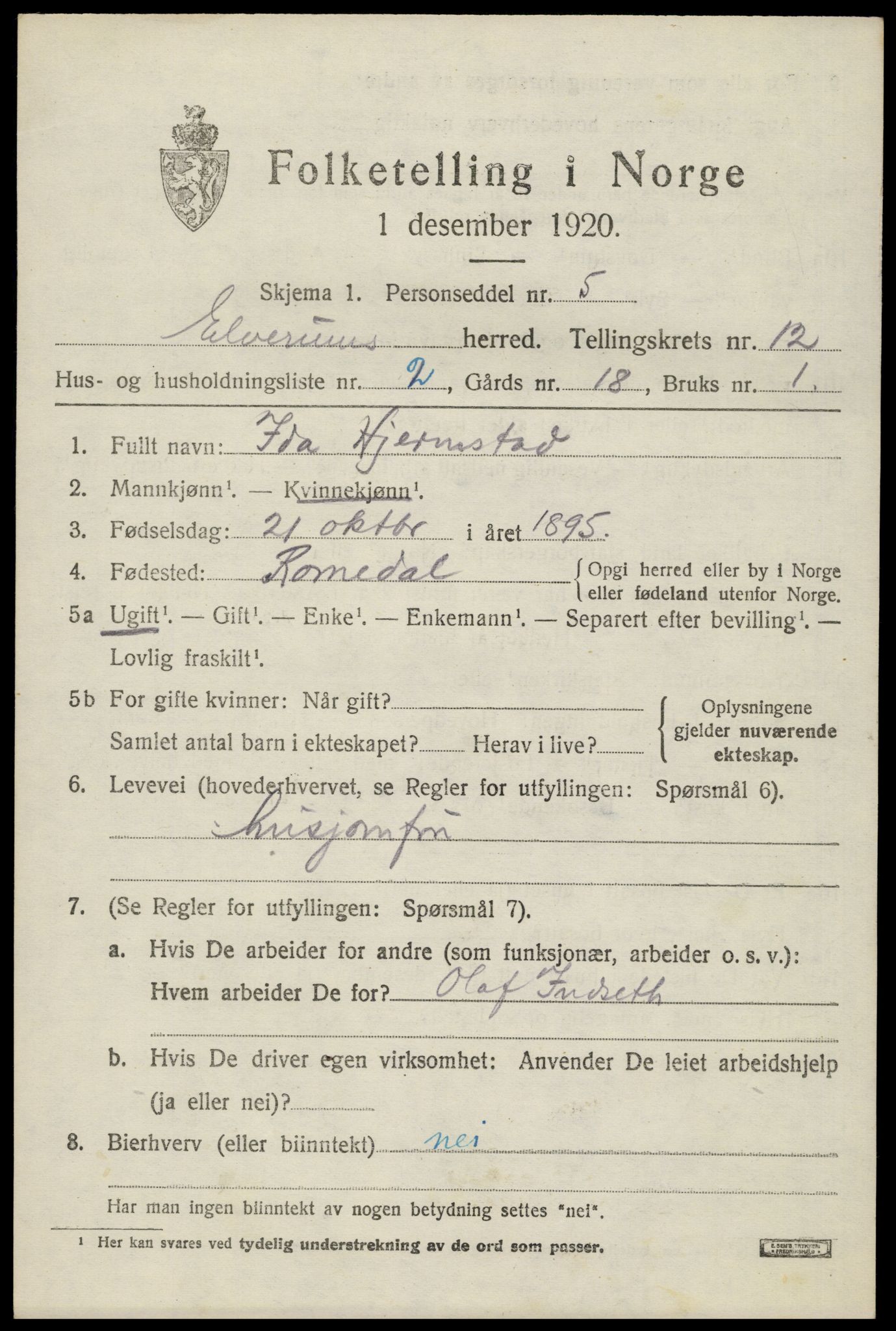 SAH, 1920 census for Elverum, 1920, p. 16954