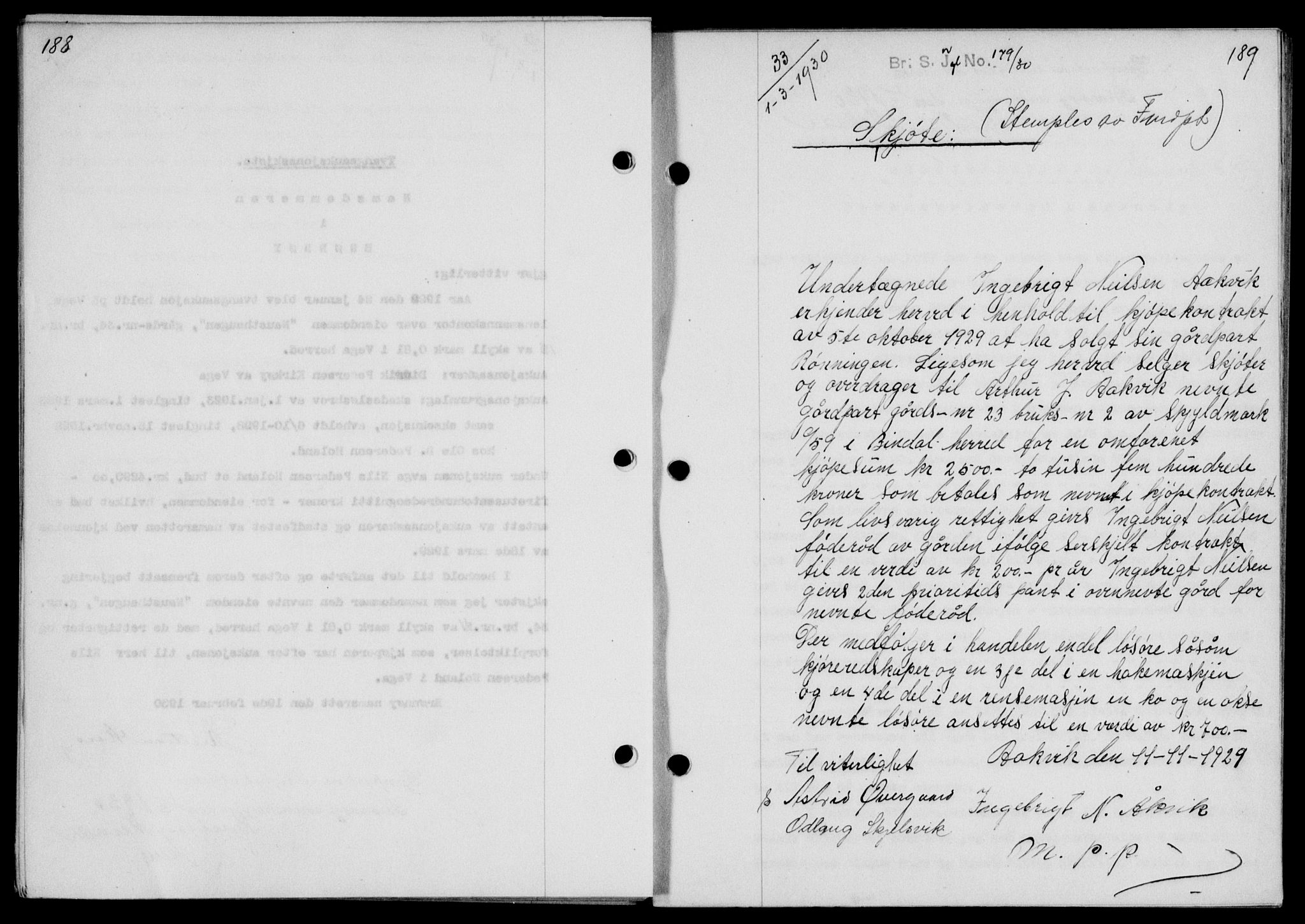 Brønnøy sorenskriveri, SAT/A-4170/1/2/2C/L0008: Mortgage book no. 8, 1929-1931, p. 188-189, Deed date: 01.03.1930