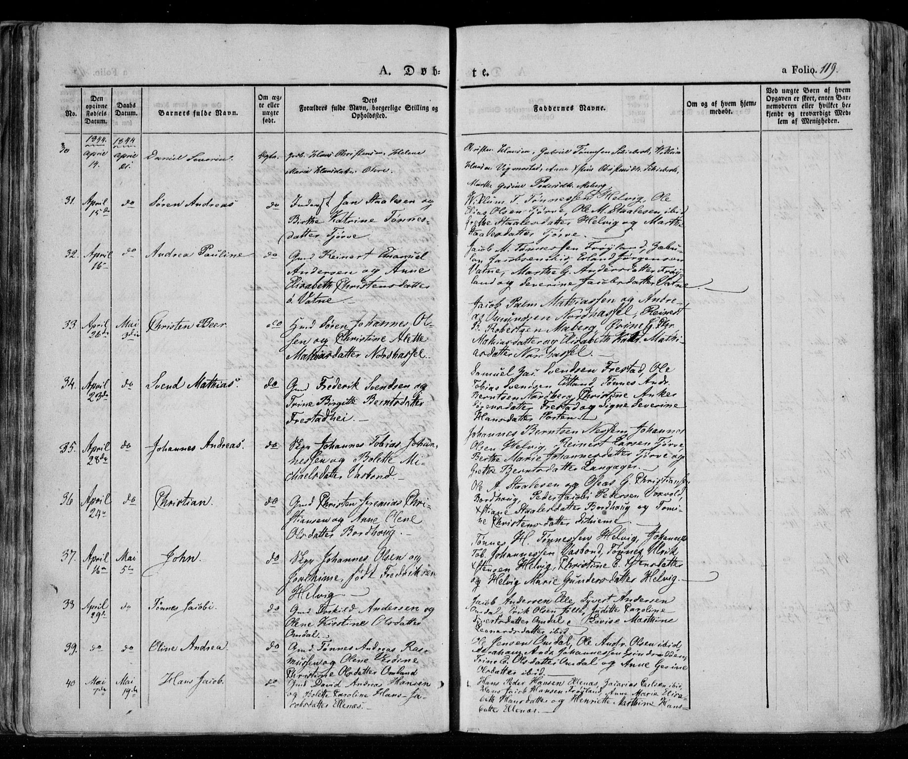 Lista sokneprestkontor, AV/SAK-1111-0027/F/Fa/L0009: Parish register (official) no. A 9, 1835-1846, p. 119