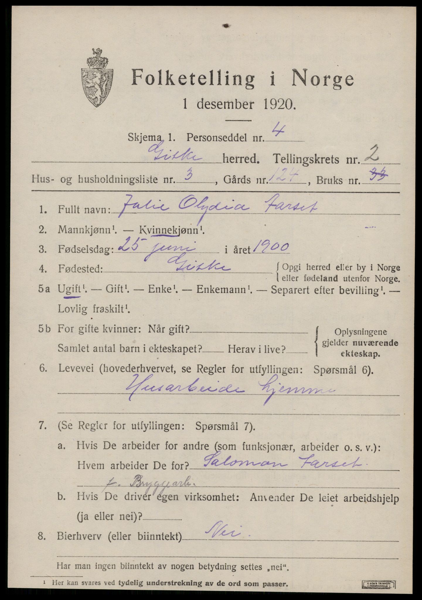 SAT, 1920 census for Giske, 1920, p. 906