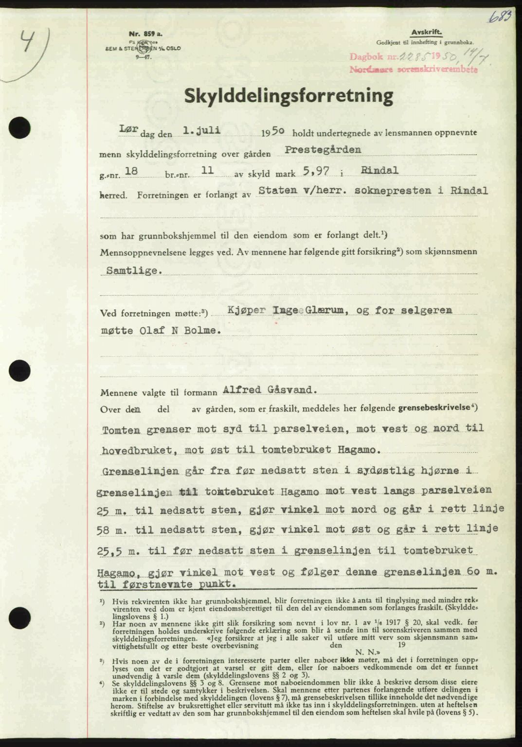 Nordmøre sorenskriveri, AV/SAT-A-4132/1/2/2Ca: Mortgage book no. A115, 1950-1950, Diary no: : 2285/1950