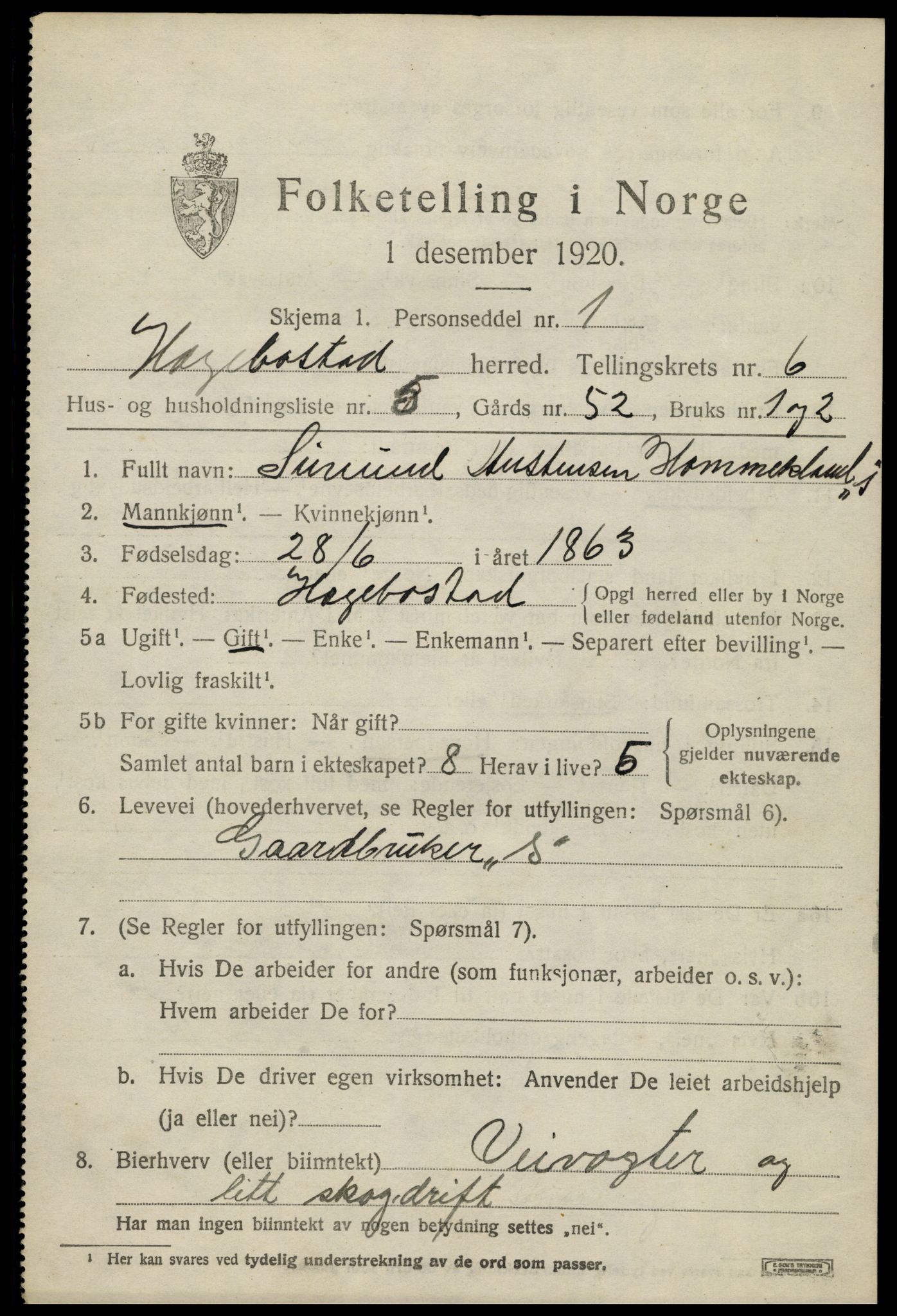 SAK, 1920 census for Hægebostad, 1920, p. 2021