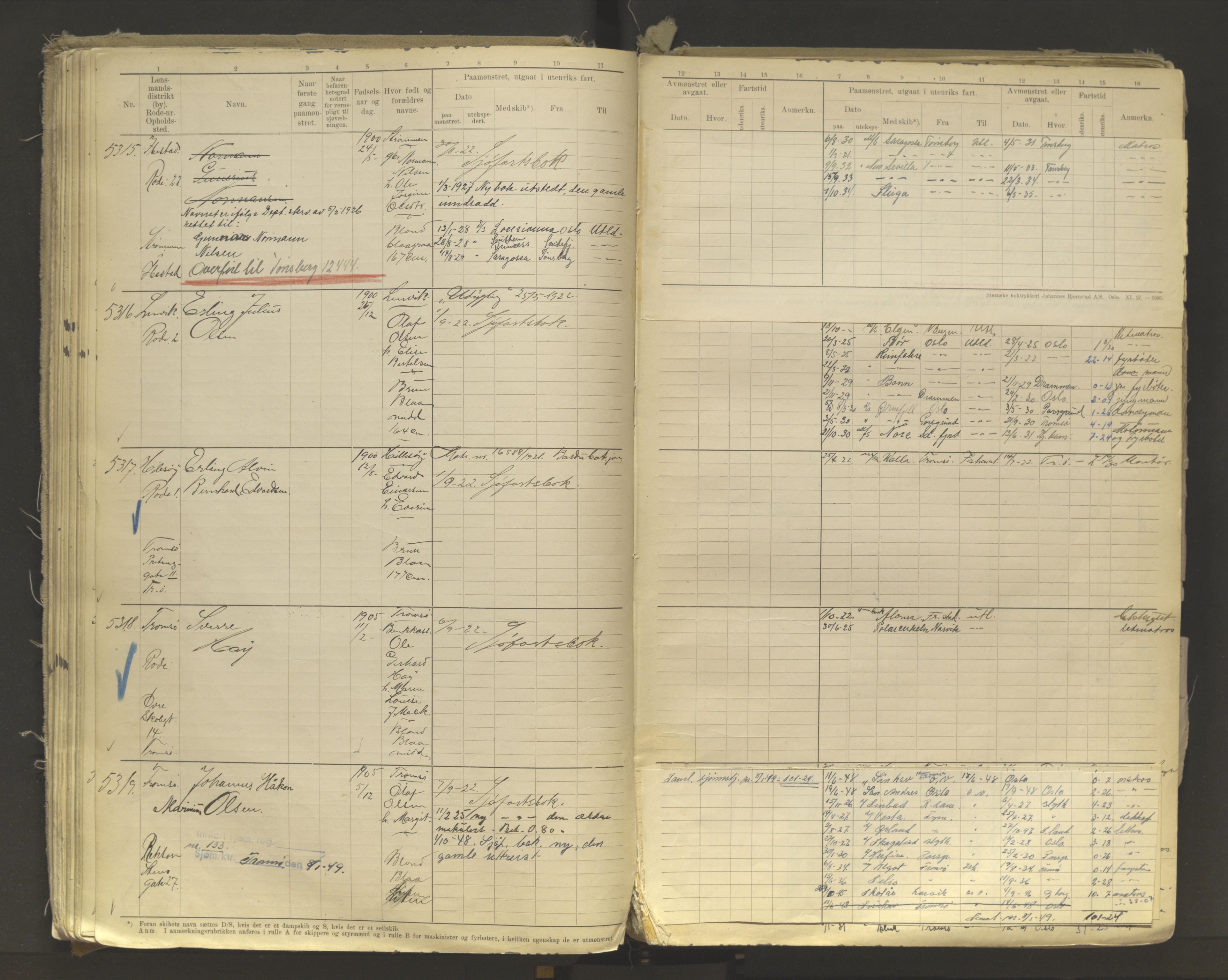 Tromsø sjømannskontor/innrullerings-/mønstringsdistrikt, AV/SATØ-S-0243/F/Fb/L0011: Annotasjonsrulle. Defekt: løs innbinding. Nr. 4973-7517, 1920-1928