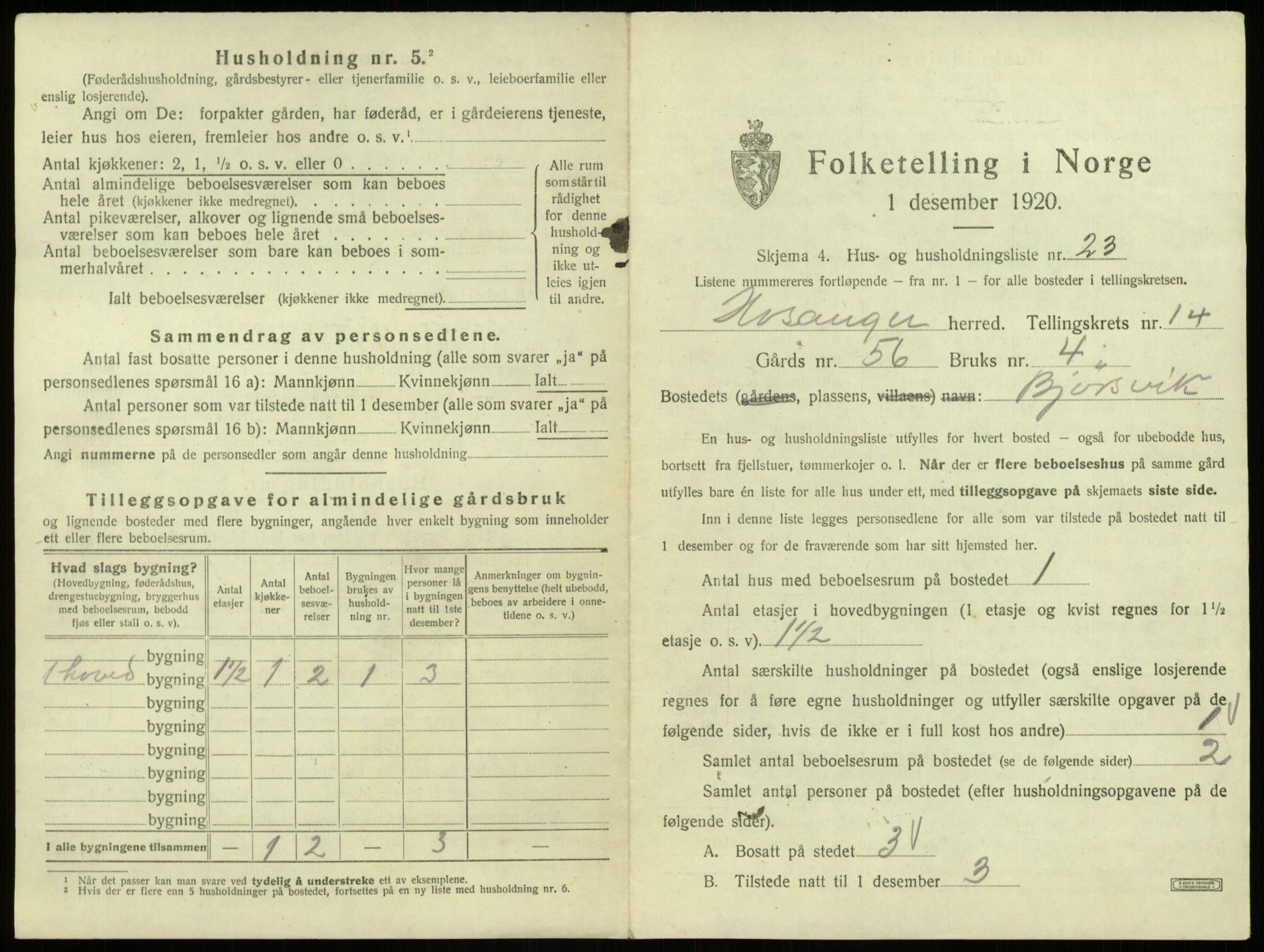 SAB, 1920 census for Hosanger, 1920, p. 760