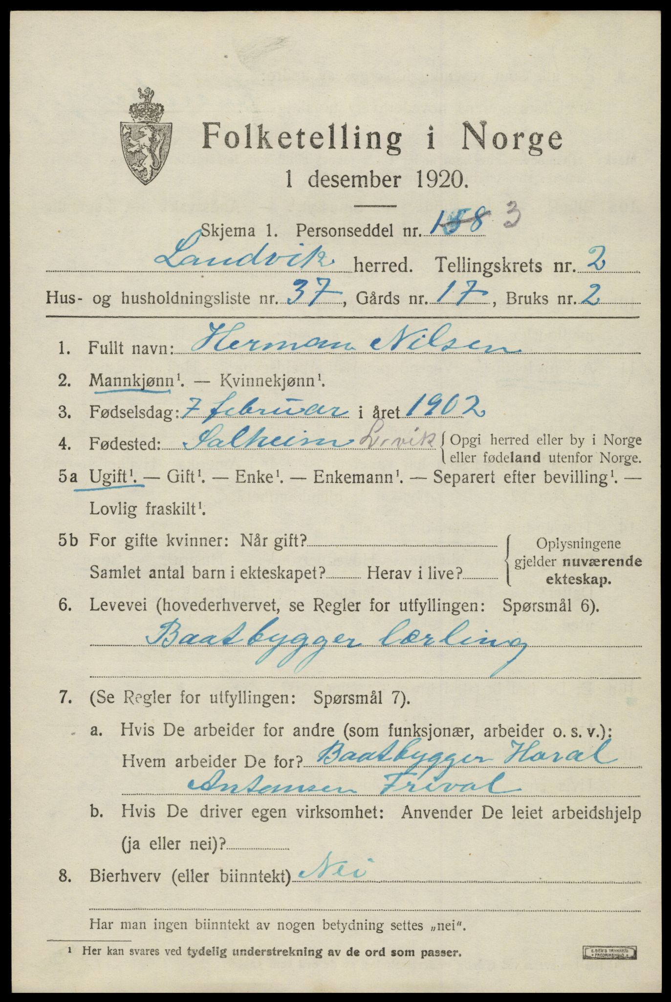 SAK, 1920 census for Landvik, 1920, p. 2084