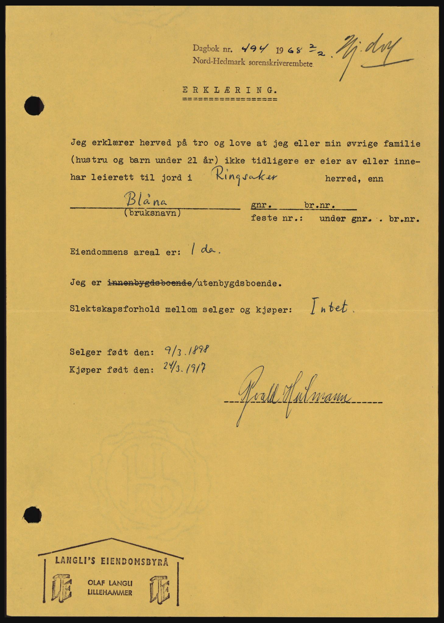Nord-Hedmark sorenskriveri, SAH/TING-012/H/Hc/L0027: Mortgage book no. 27, 1967-1968, Diary no: : 494/1968