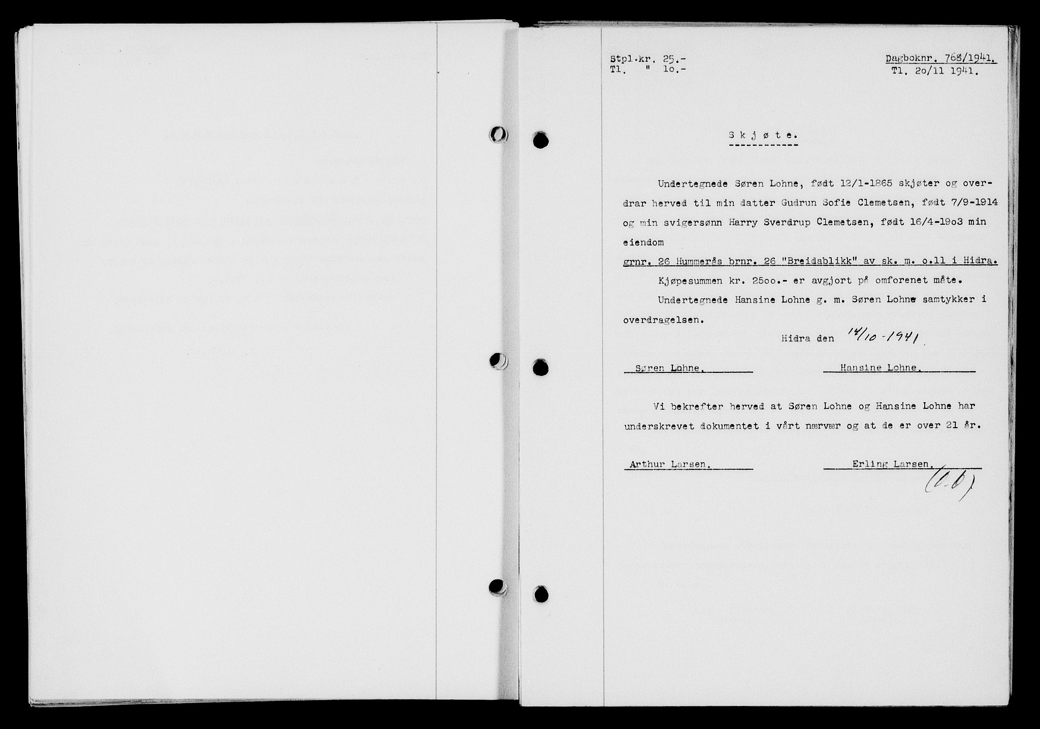 Flekkefjord sorenskriveri, SAK/1221-0001/G/Gb/Gba/L0057: Mortgage book no. A-5, 1941-1942, Diary no: : 768/1941