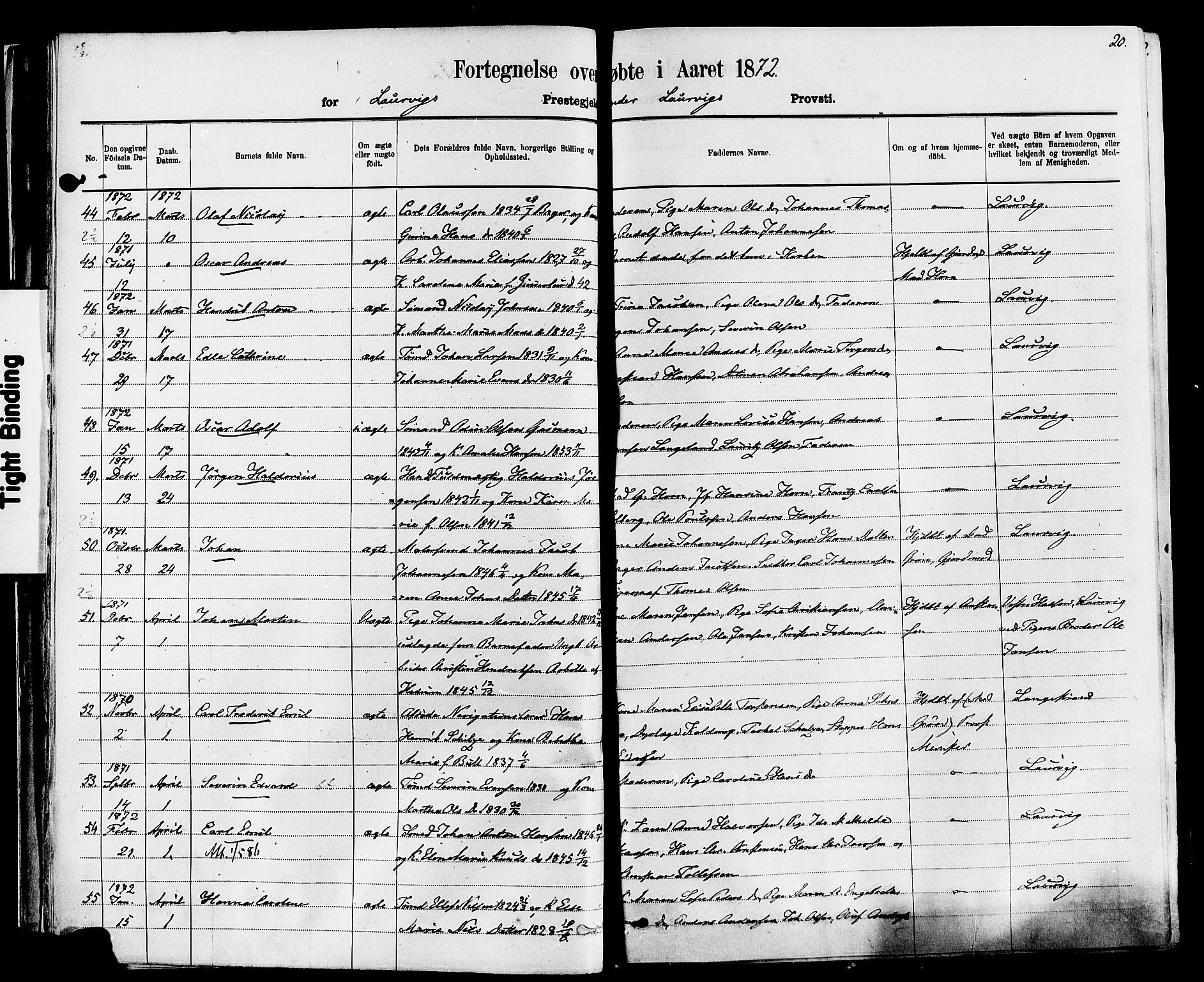 Larvik kirkebøker, AV/SAKO-A-352/F/Fa/L0006: Parish register (official) no. I 6, 1871-1883, p. 20