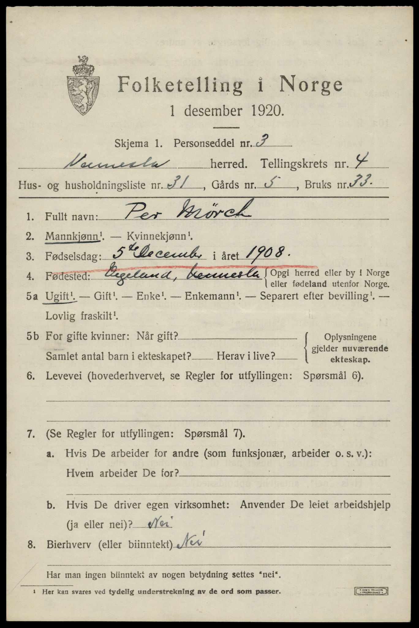 SAK, 1920 census for Vennesla, 1920, p. 3228