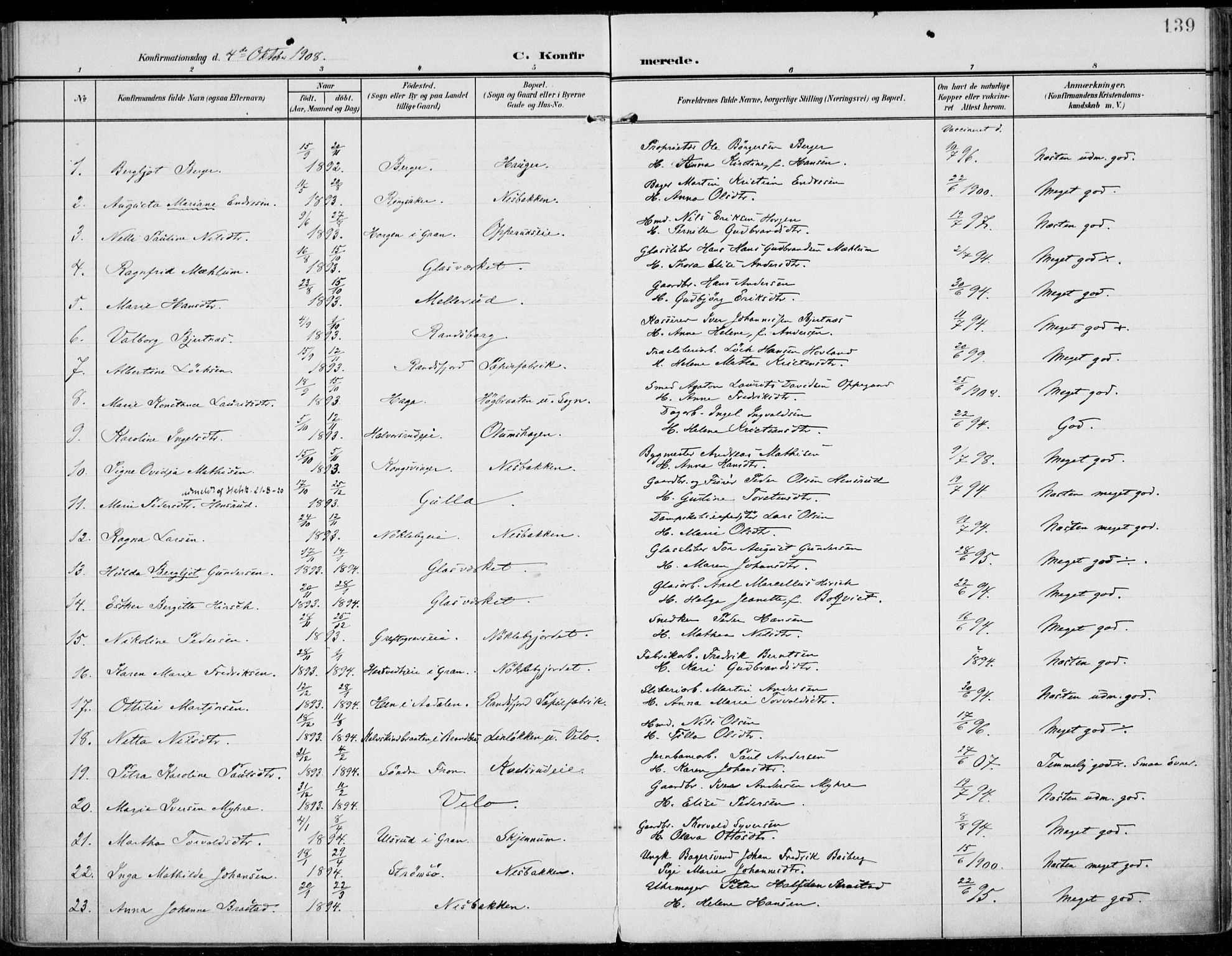 Jevnaker prestekontor, AV/SAH-PREST-116/H/Ha/Haa/L0011: Parish register (official) no. 11, 1902-1913, p. 139