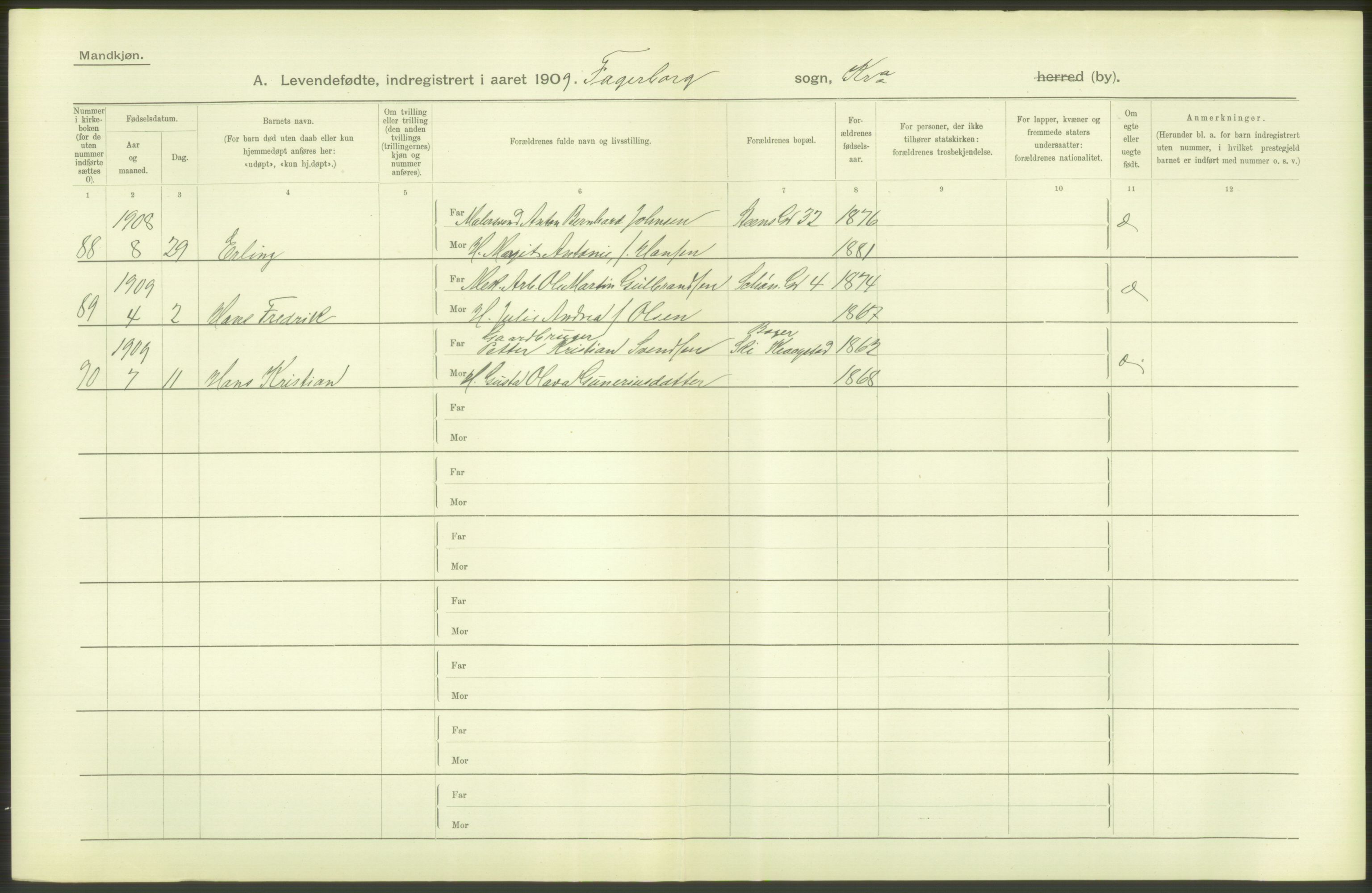 Statistisk sentralbyrå, Sosiodemografiske emner, Befolkning, AV/RA-S-2228/D/Df/Dfa/Dfag/L0007: Kristiania: Levendefødte menn og kvinner., 1909, p. 84