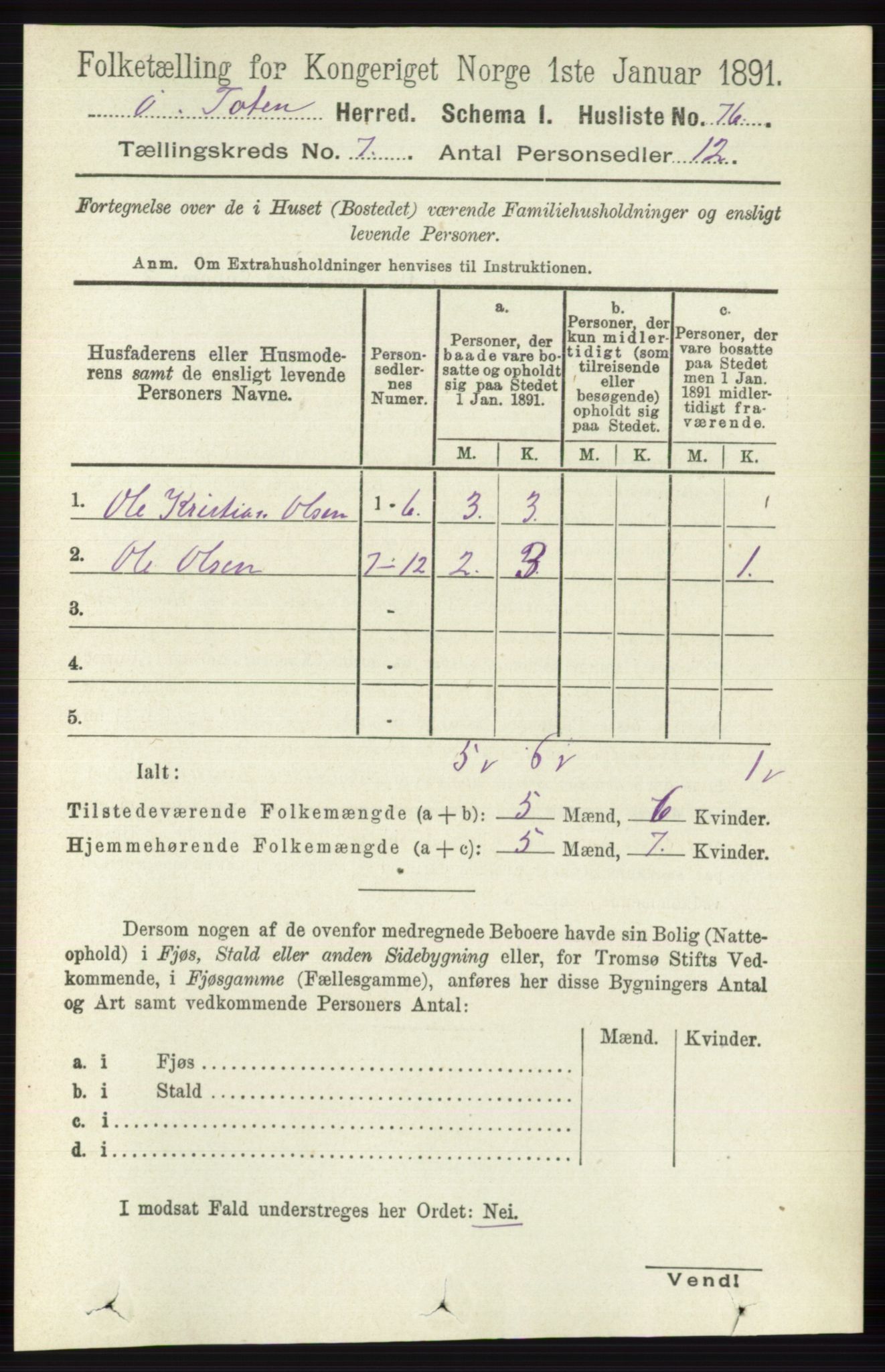 RA, 1891 census for 0528 Østre Toten, 1891, p. 4428