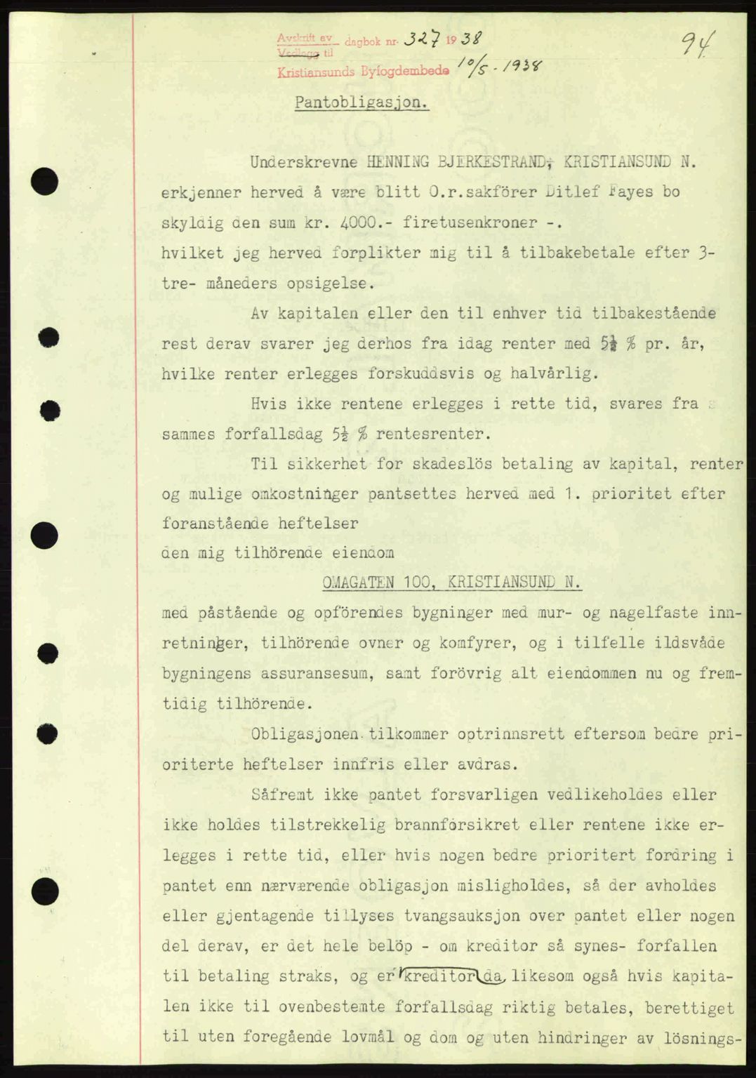 Kristiansund byfogd, SAT/A-4587/A/27: Mortgage book no. 31, 1938-1939, Diary no: : 327/1938