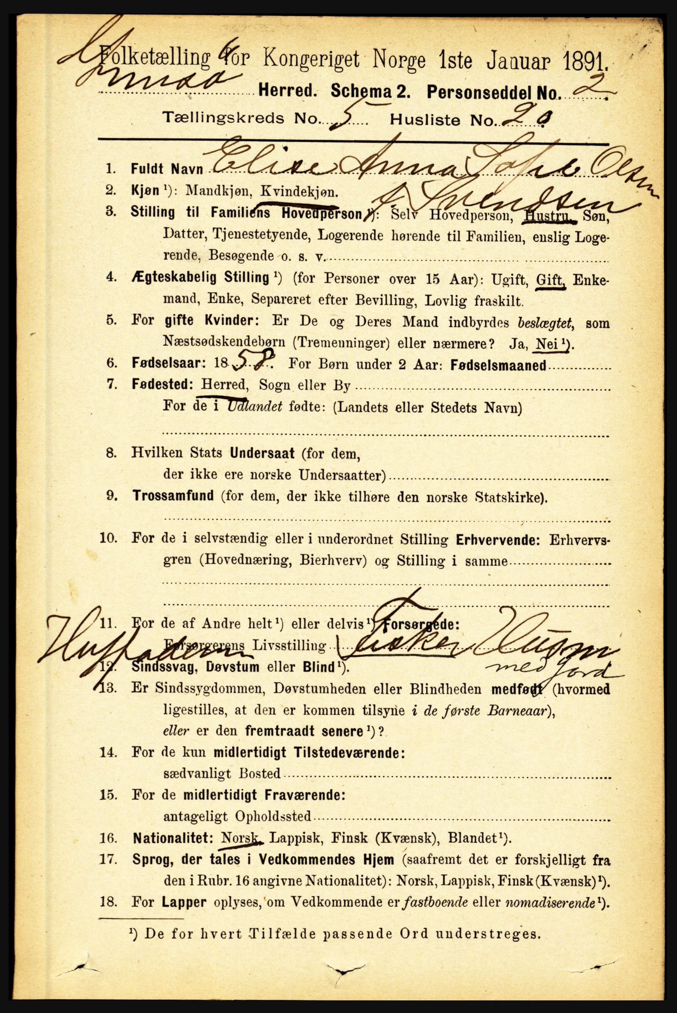 RA, 1891 census for 1864 Gimsøy, 1891, p. 961