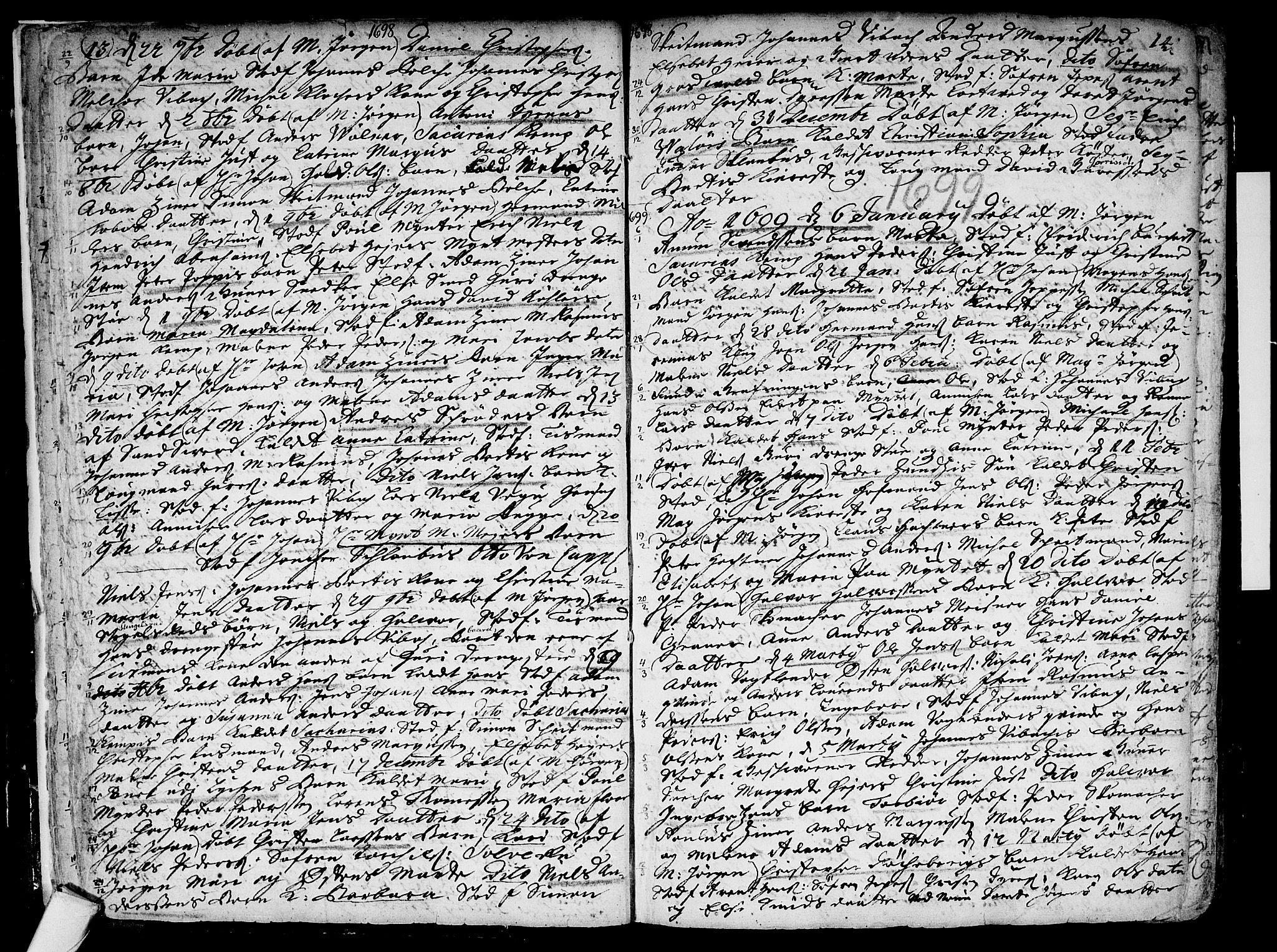 Kongsberg kirkebøker, SAKO/A-22/F/Fa/L0001: Parish register (official) no. I 1, 1696-1720, p. 13-14