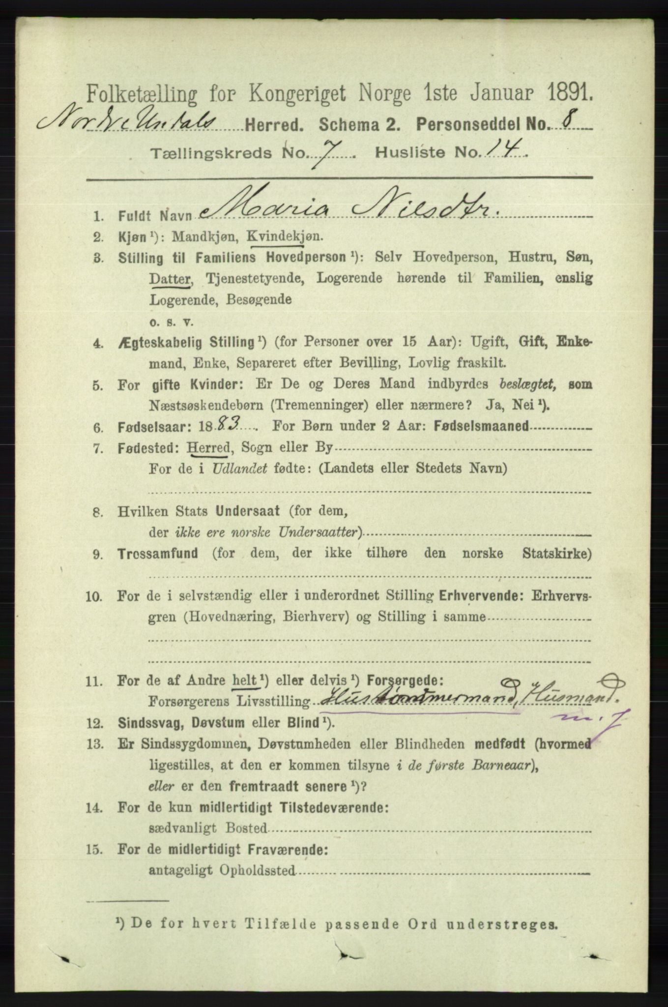 RA, 1891 census for 1028 Nord-Audnedal, 1891, p. 1878