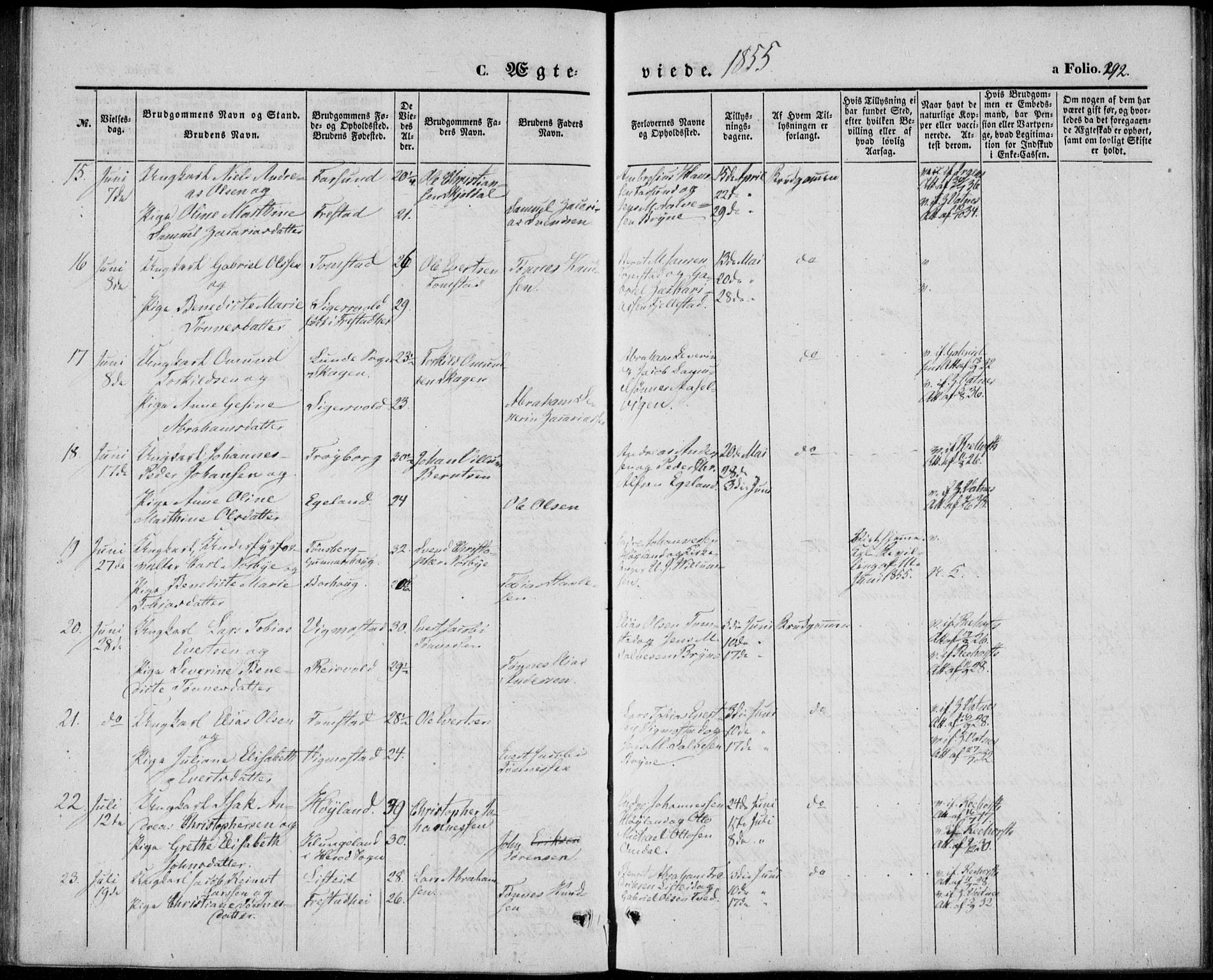 Lista sokneprestkontor, AV/SAK-1111-0027/F/Fb/L0002: Parish register (copy) no. B 2, 1847-1862, p. 292