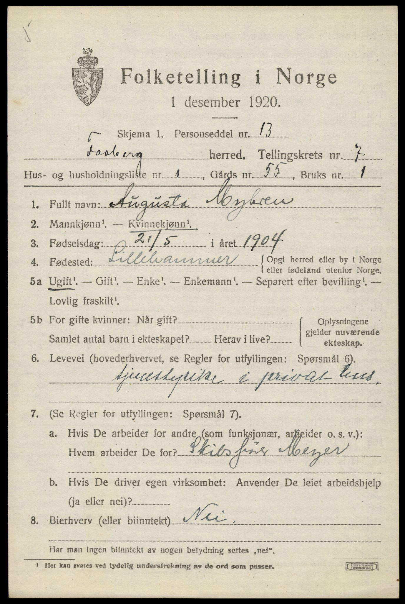 SAH, 1920 census for Fåberg, 1920, p. 7654