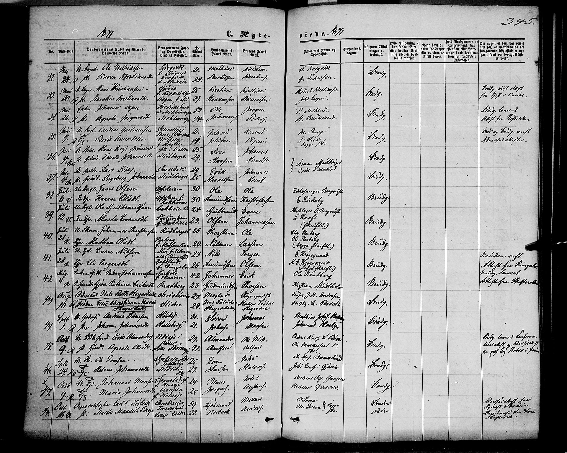 Ringsaker prestekontor, AV/SAH-PREST-014/K/Ka/L0011: Parish register (official) no. 11, 1870-1878, p. 345