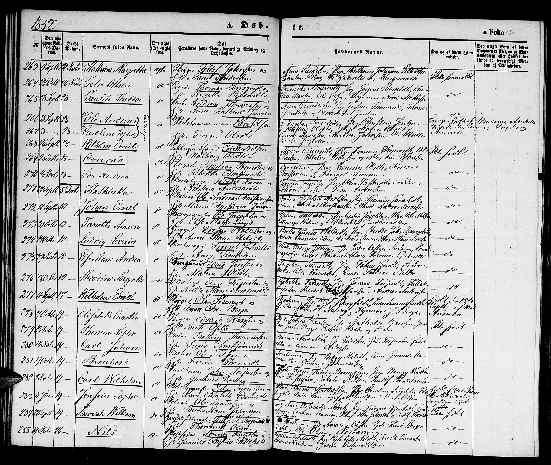 Kristiansand domprosti, SAK/1112-0006/F/Fb/L0011: Parish register (copy) no. B 11, 1851-1861, p. 31
