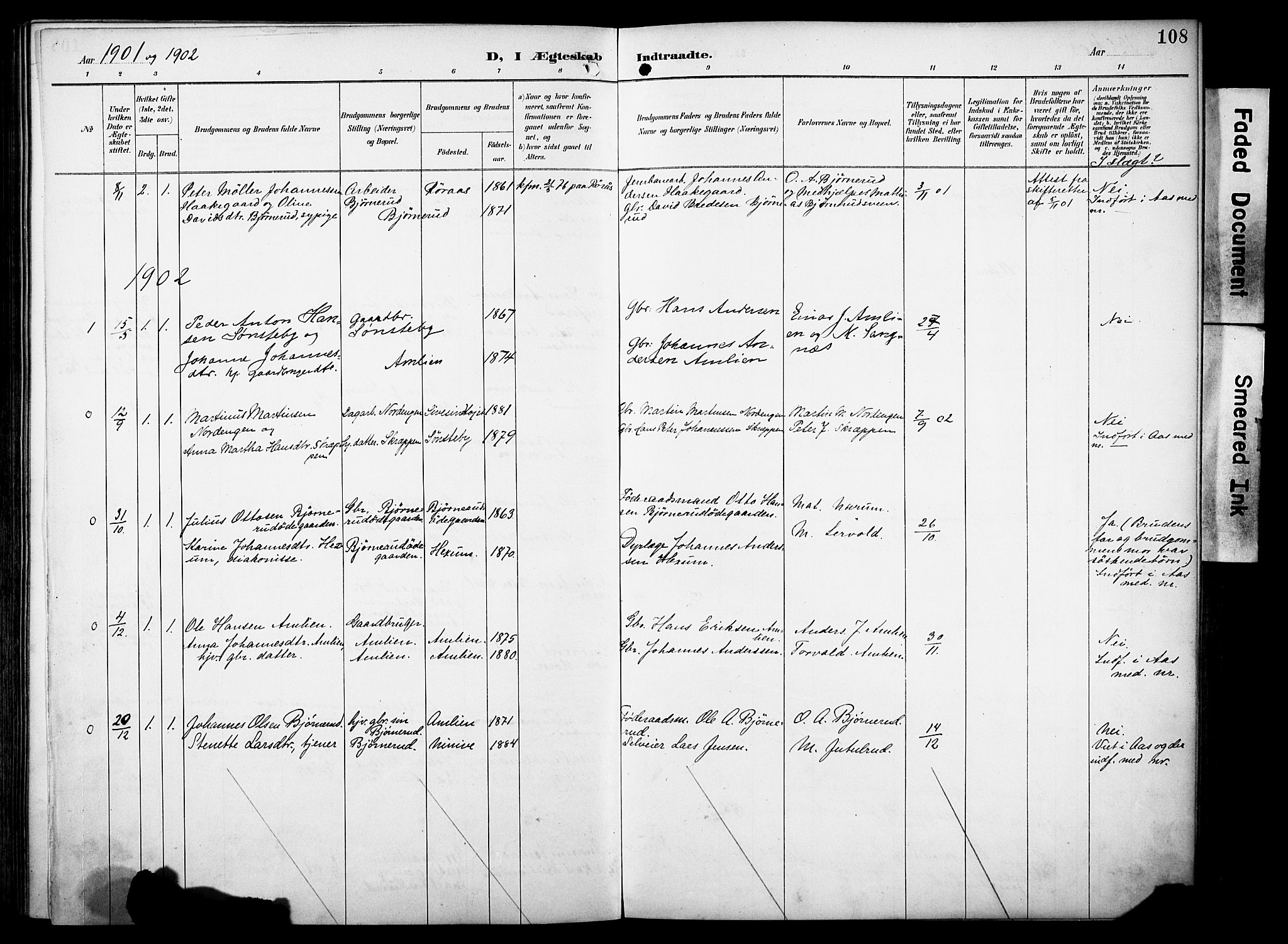 Vestre Toten prestekontor, AV/SAH-PREST-108/H/Ha/Haa/L0012: Parish register (official) no. 12, 1890-1906, p. 108