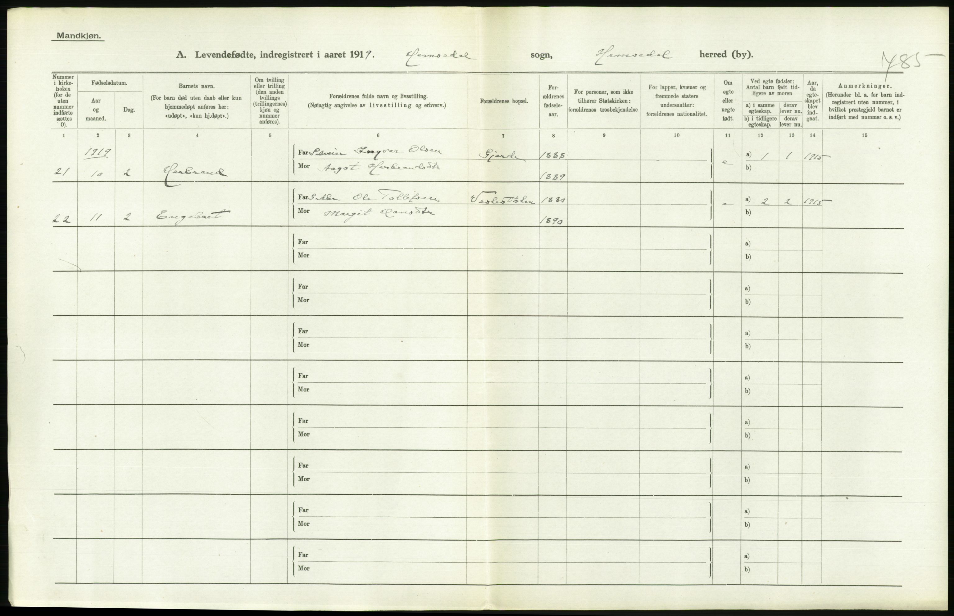 Statistisk sentralbyrå, Sosiodemografiske emner, Befolkning, RA/S-2228/D/Df/Dfb/Dfbi/L0016: Buskerud fylke: Levendefødte menn og kvinner. Bygder., 1919, p. 484