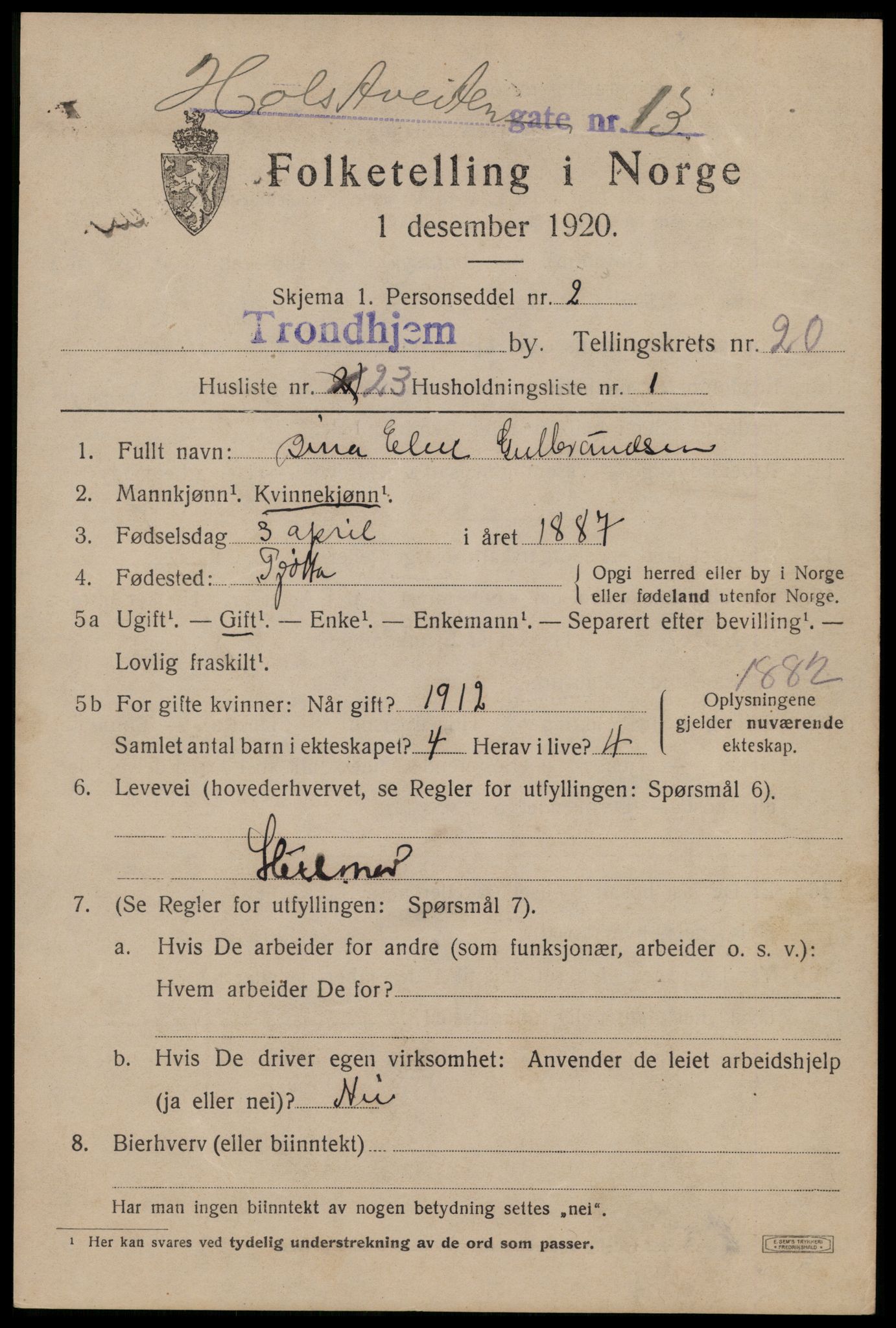 SAT, 1920 census for Trondheim, 1920, p. 60130