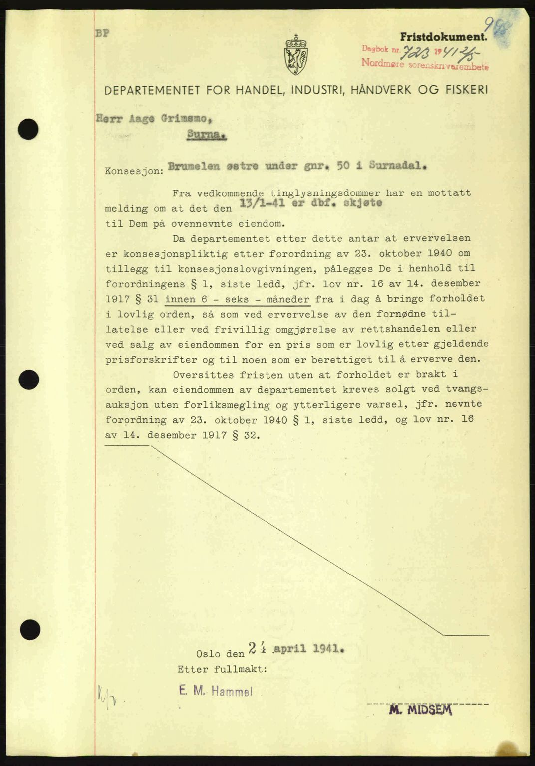 Nordmøre sorenskriveri, AV/SAT-A-4132/1/2/2Ca: Mortgage book no. B87, 1940-1941, Diary no: : 723/1941