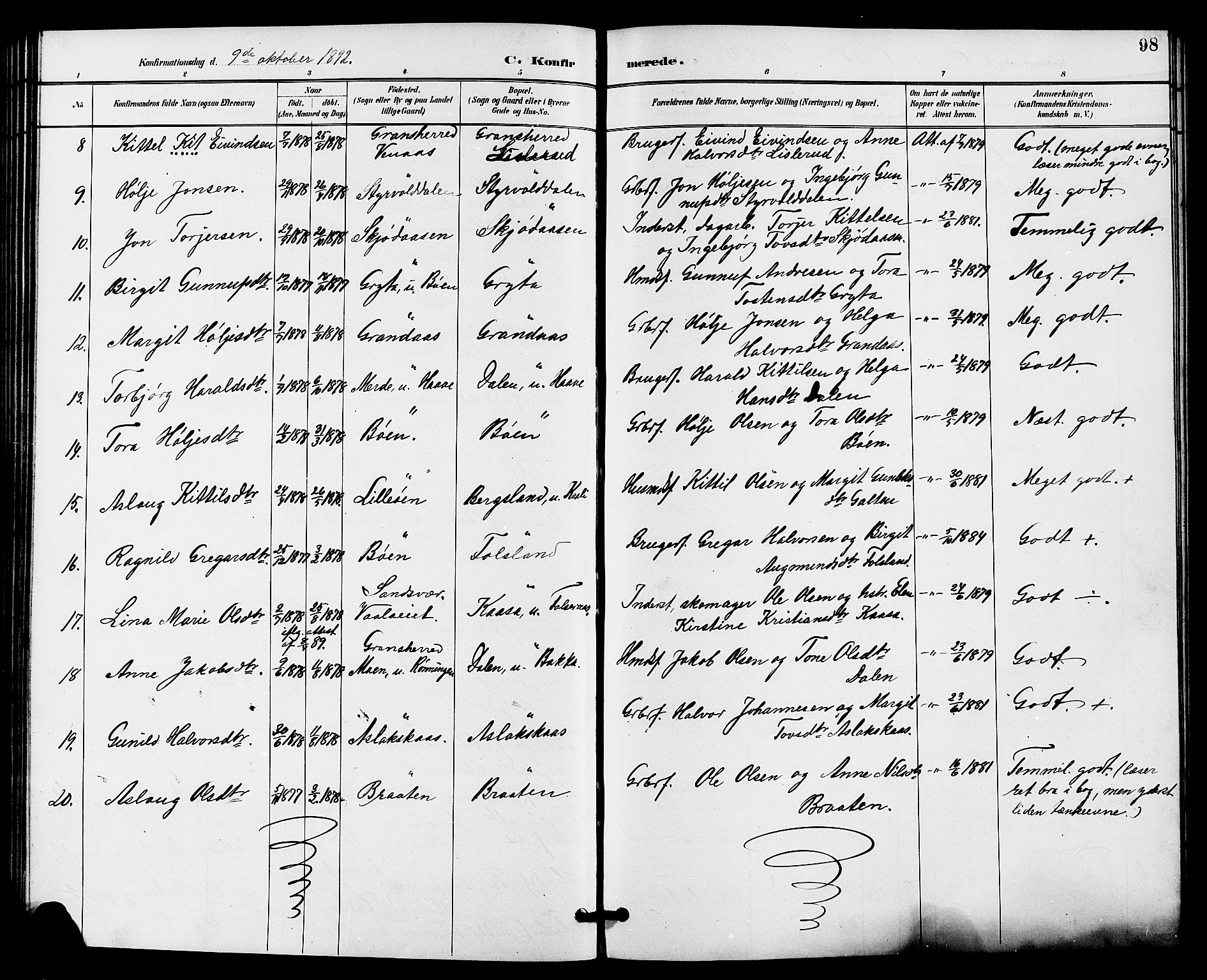 Gransherad kirkebøker, SAKO/A-267/G/Ga/L0003: Parish register (copy) no. I 3, 1887-1915, p. 98