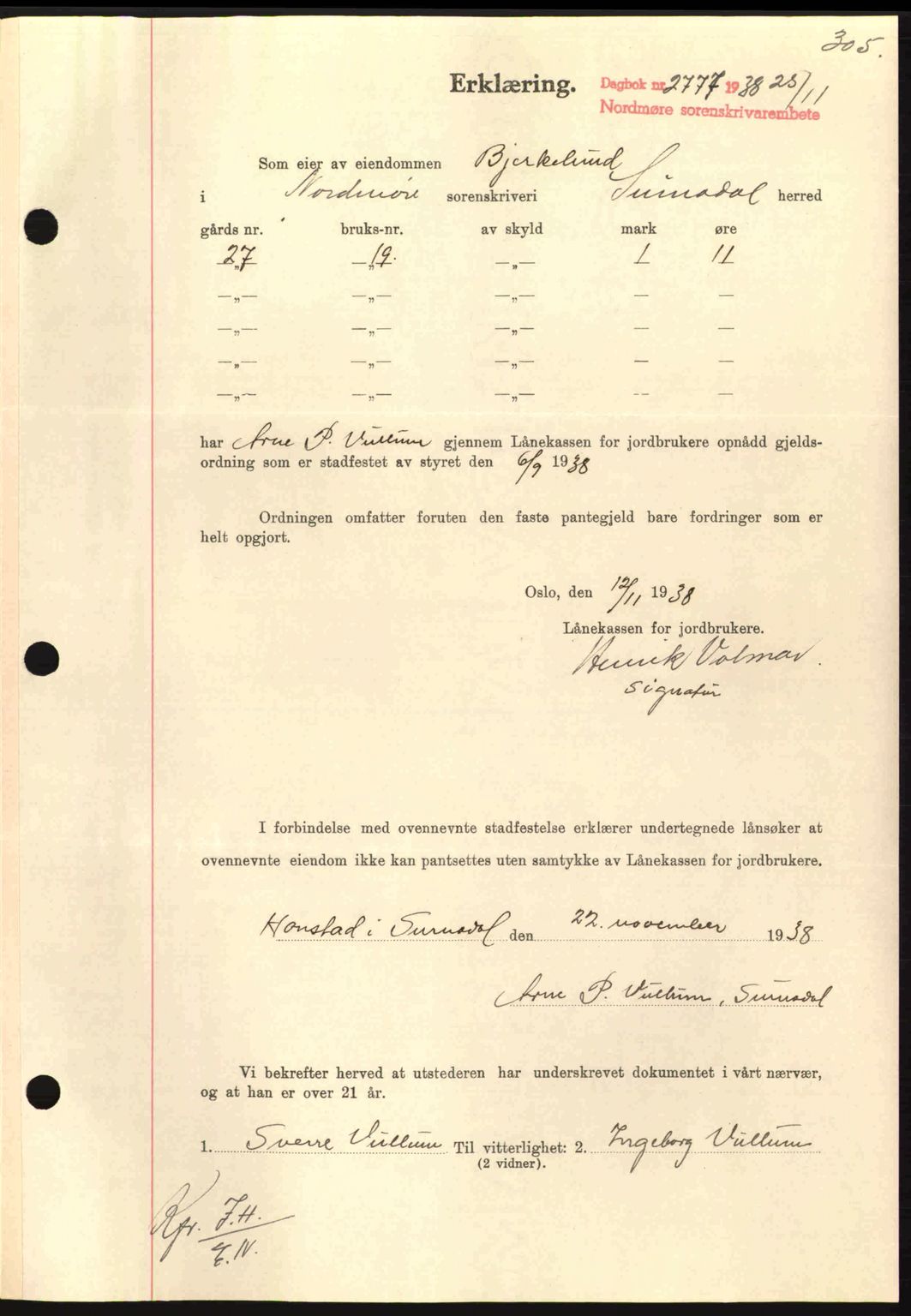 Nordmøre sorenskriveri, SAT/A-4132/1/2/2Ca: Mortgage book no. B84, 1938-1939, Diary no: : 2777/1938