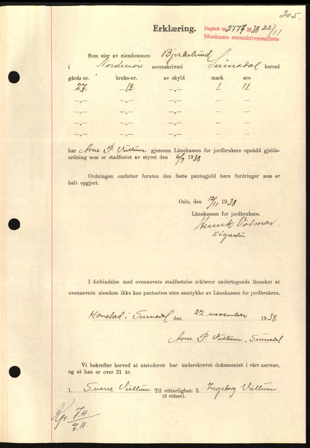 Nordmøre sorenskriveri, AV/SAT-A-4132/1/2/2Ca: Mortgage book no. B84, 1938-1939, Diary no: : 2777/1938