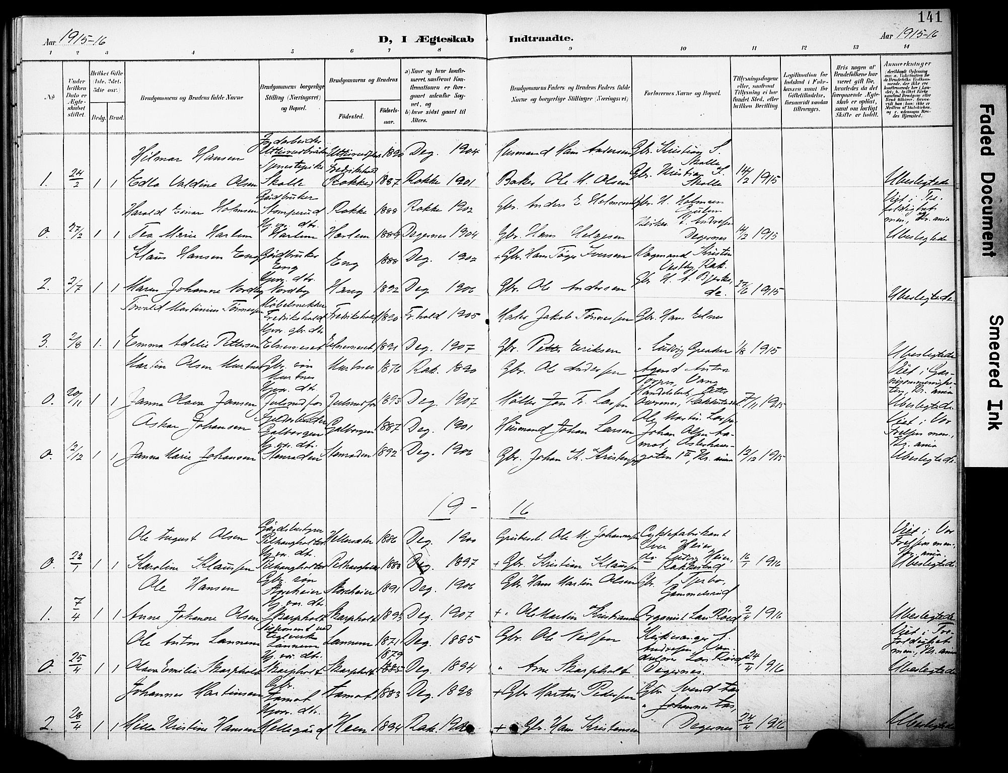 Rakkestad prestekontor Kirkebøker, AV/SAO-A-2008/F/Fb/L0002: Parish register (official) no. II 2, 1900-1920, p. 141