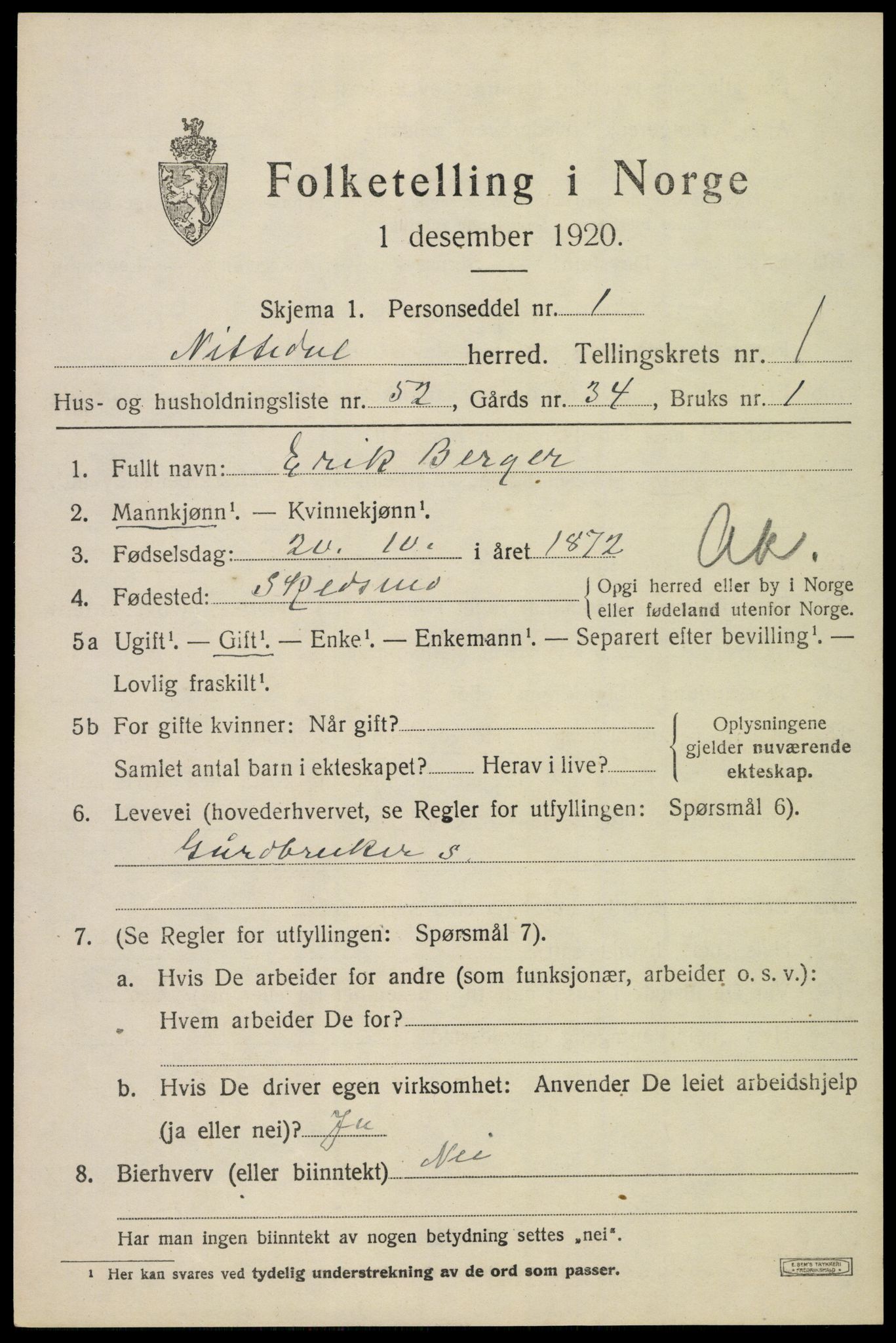 SAO, 1920 census for Nittedal, 1920, p. 1812