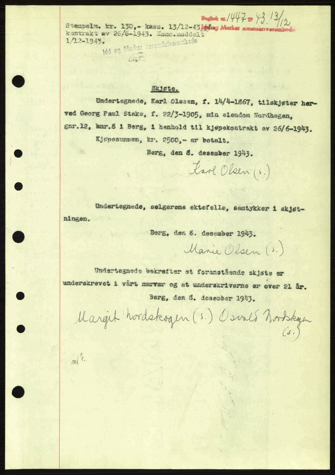 Idd og Marker sorenskriveri, AV/SAO-A-10283/G/Gb/Gbb/L0006: Mortgage book no. A6, 1943-1944, Diary no: : 1447/1943