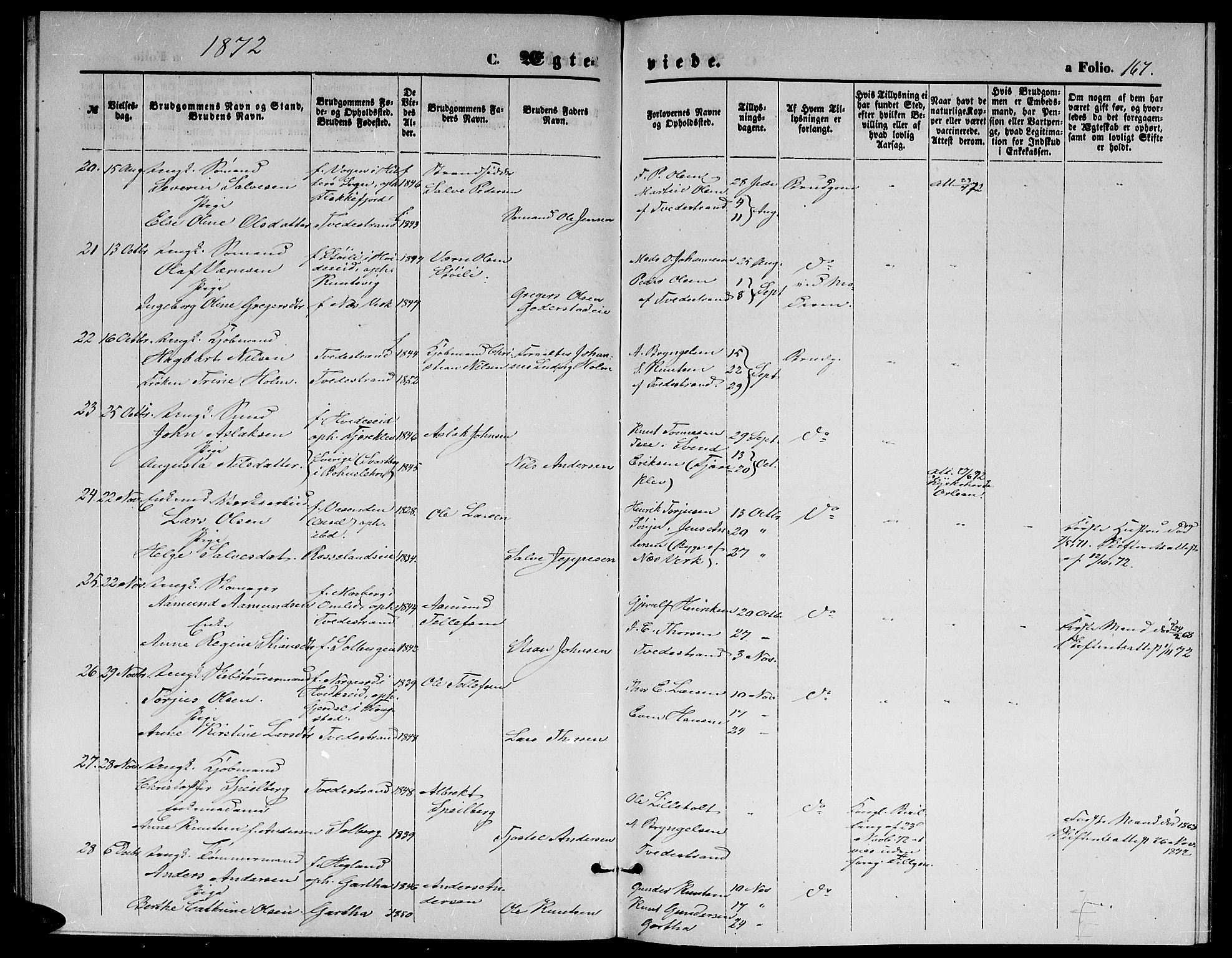 Holt sokneprestkontor, AV/SAK-1111-0021/F/Fb/L0009: Parish register (copy) no. B 9, 1871-1883, p. 167