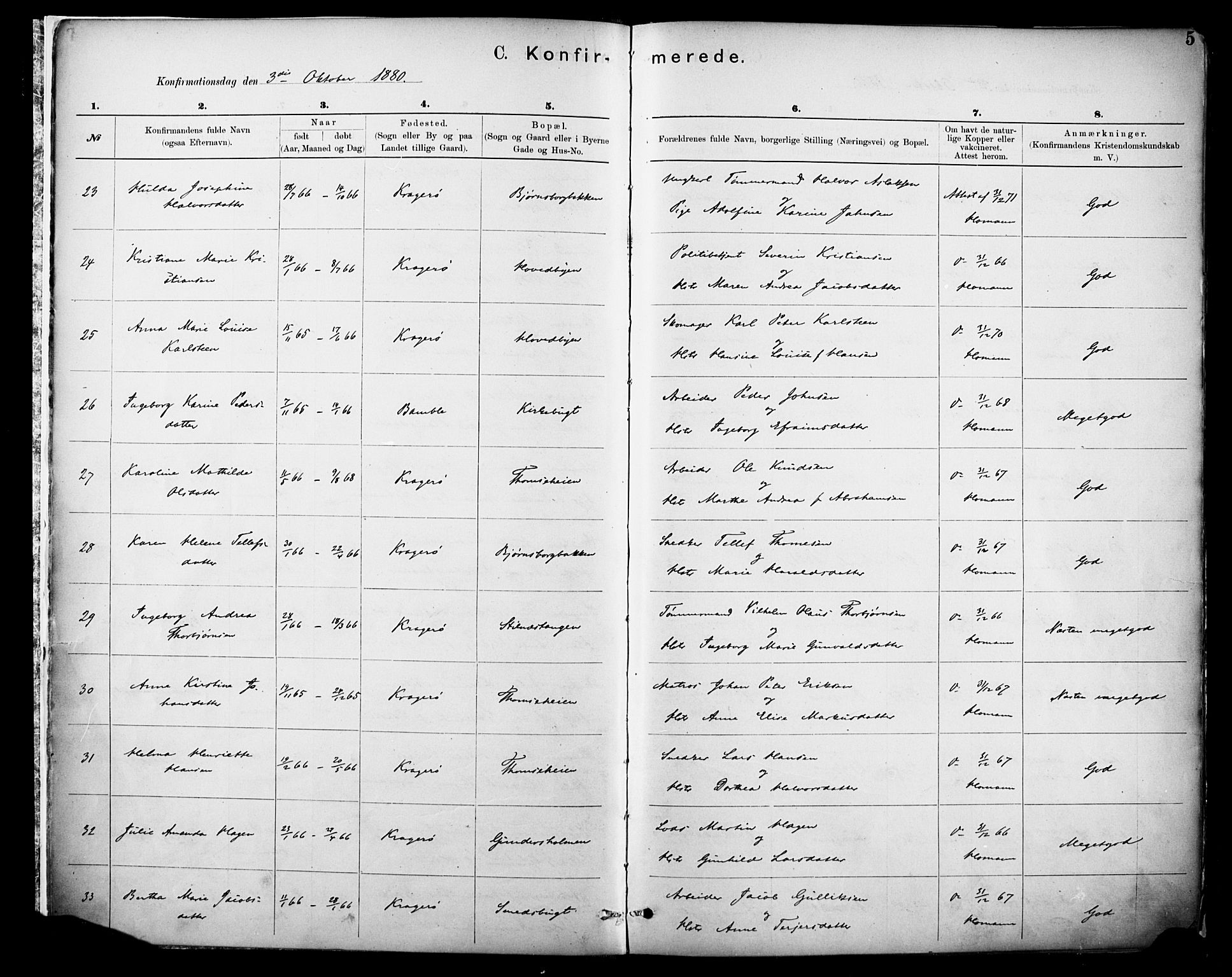 Kragerø kirkebøker, SAKO/A-278/F/Fa/L0012: Parish register (official) no. 12, 1880-1904, p. 5