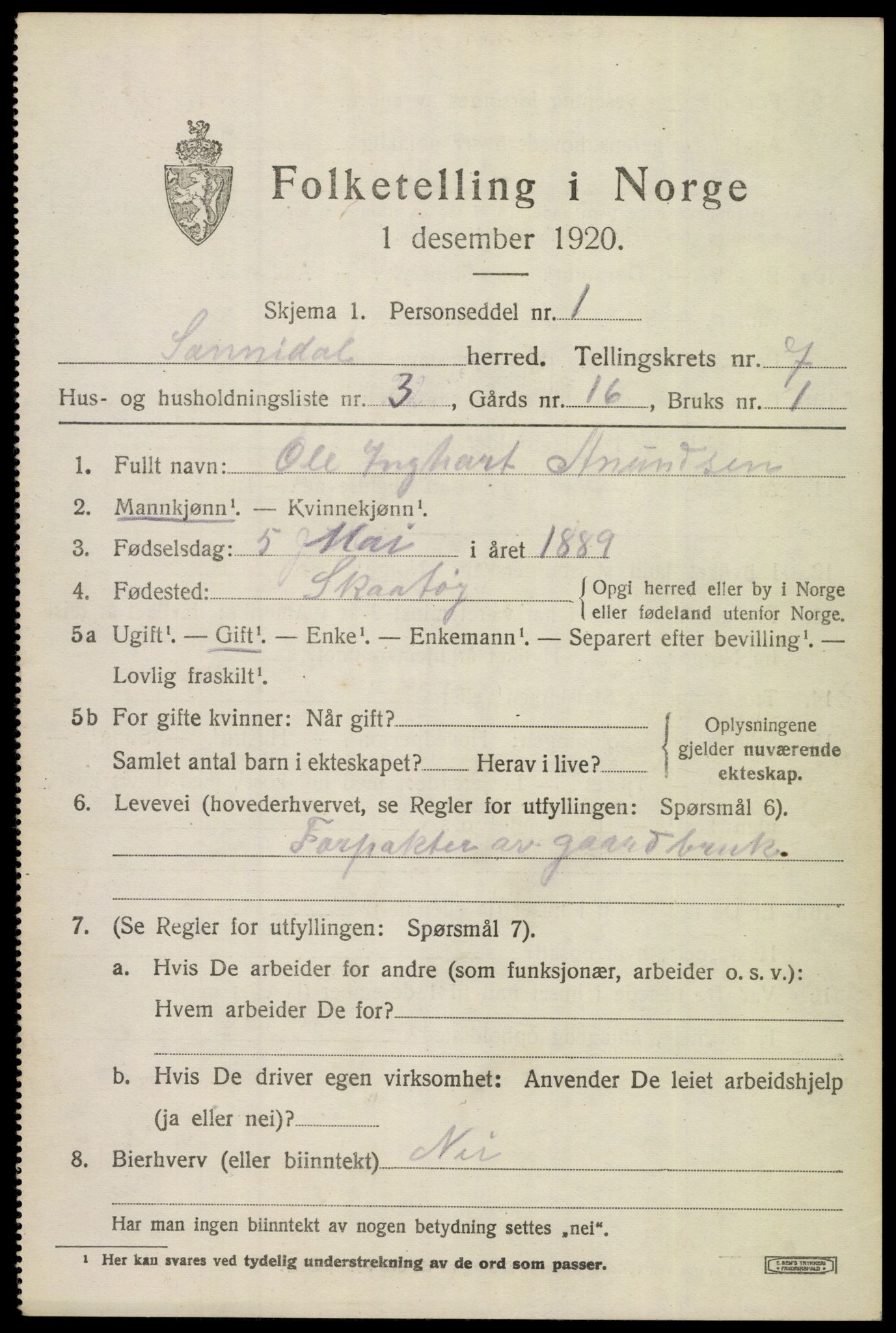 SAKO, 1920 census for Sannidal, 1920, p. 4937