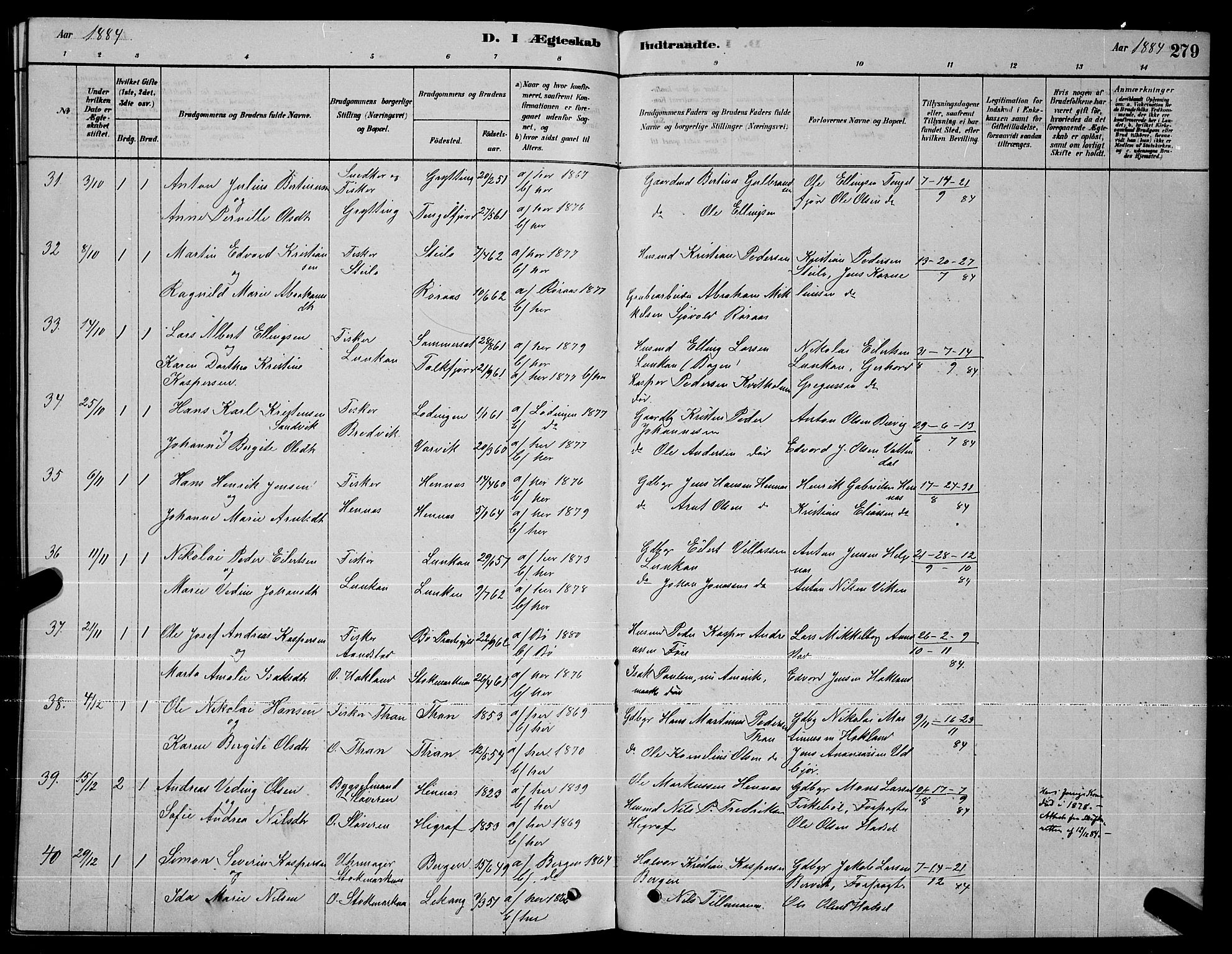 Ministerialprotokoller, klokkerbøker og fødselsregistre - Nordland, AV/SAT-A-1459/888/L1267: Parish register (copy) no. 888C05, 1878-1890, p. 279