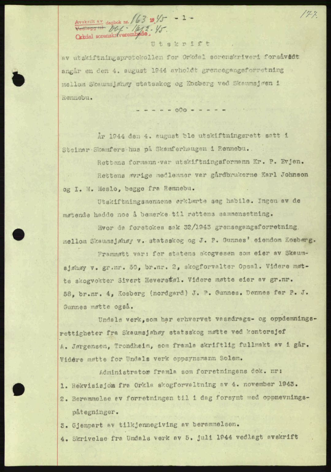 Orkdal sorenskriveri, AV/SAT-A-4169/1/2/2C: Mortgage book no. A, 1945-1945, Diary no: : 163/1945