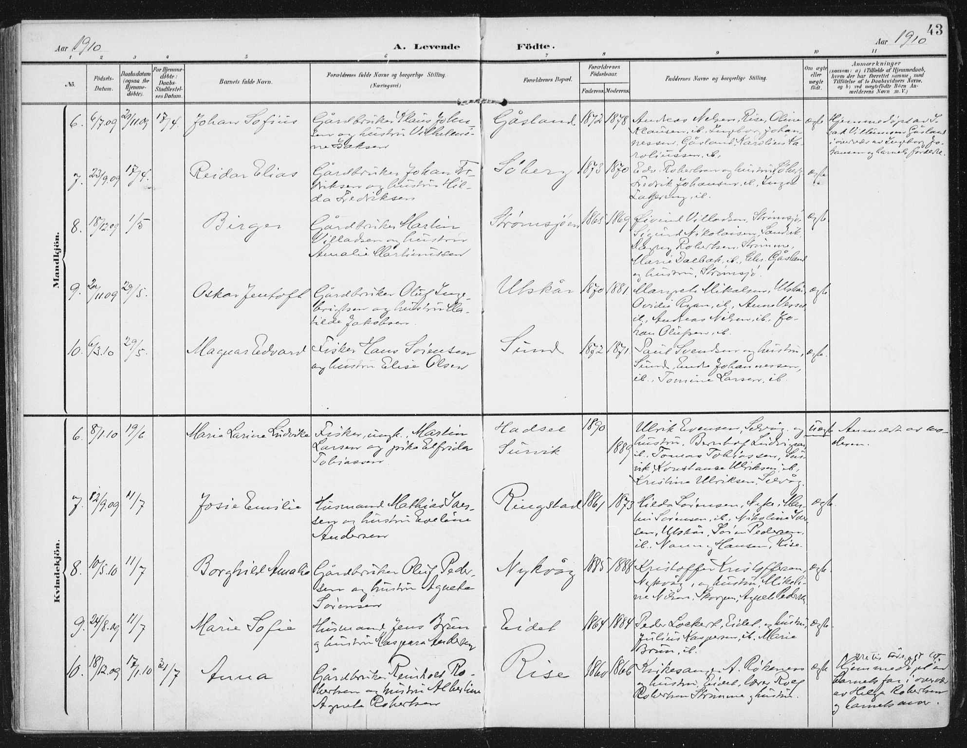 Ministerialprotokoller, klokkerbøker og fødselsregistre - Nordland, AV/SAT-A-1459/892/L1321: Parish register (official) no. 892A02, 1902-1918, p. 43