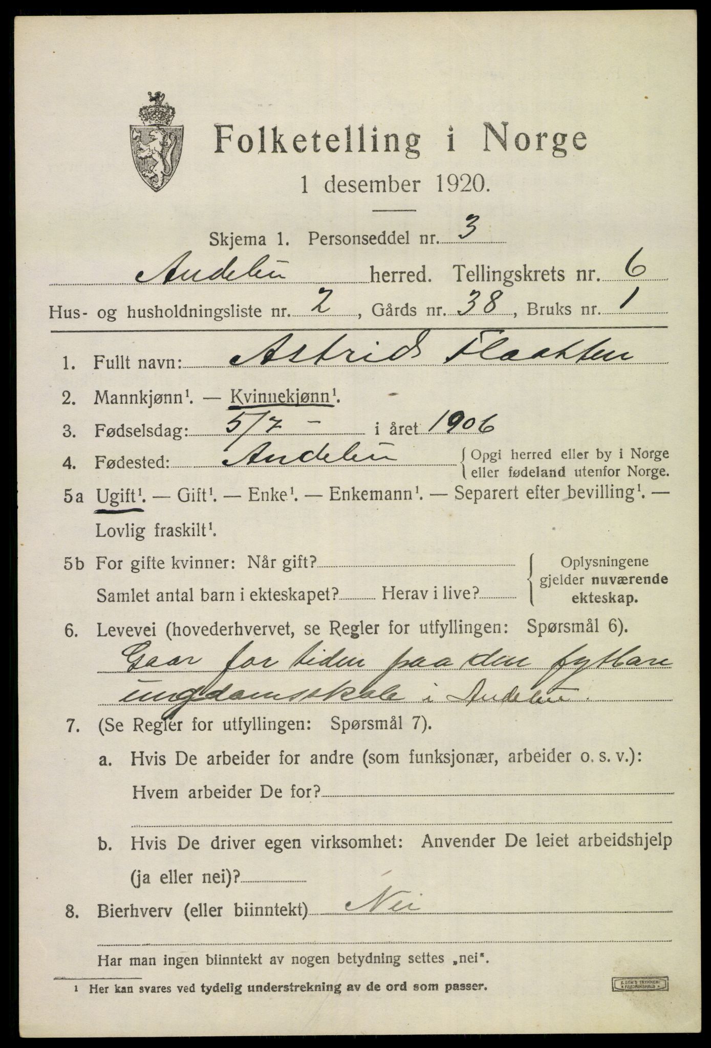 SAKO, 1920 census for Andebu, 1920, p. 2864