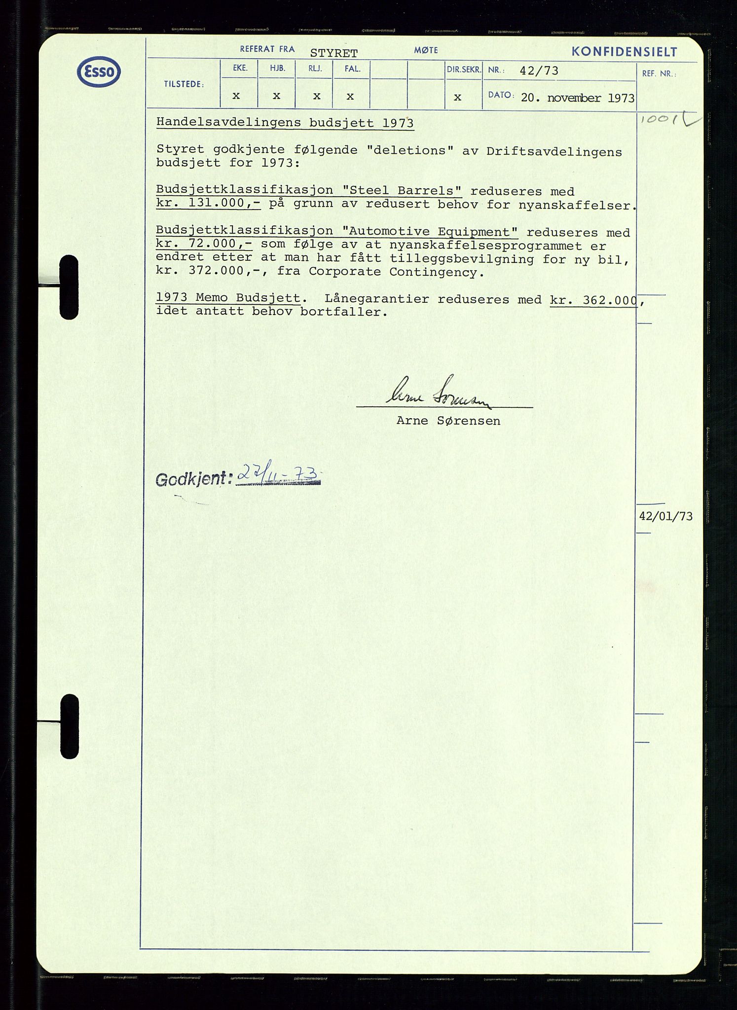 Pa 0982 - Esso Norge A/S, AV/SAST-A-100448/A/Aa/L0003/0002: Den administrerende direksjon Board minutes (styrereferater) og Bedriftforsamlingsprotokoll / Den administrerende direksjon Board minutes (styrereferater), 1970-1974, p. 43