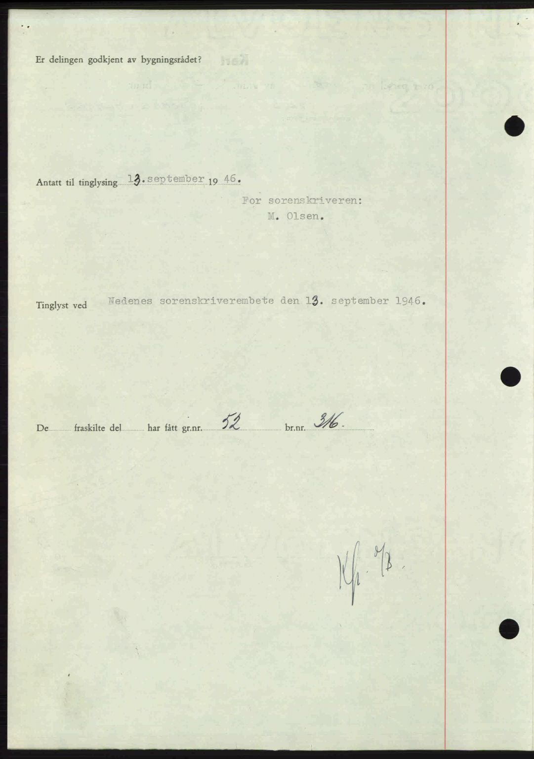 Nedenes sorenskriveri, SAK/1221-0006/G/Gb/Gba/L0056: Mortgage book no. A8, 1946-1947, Diary no: : 1096/1946