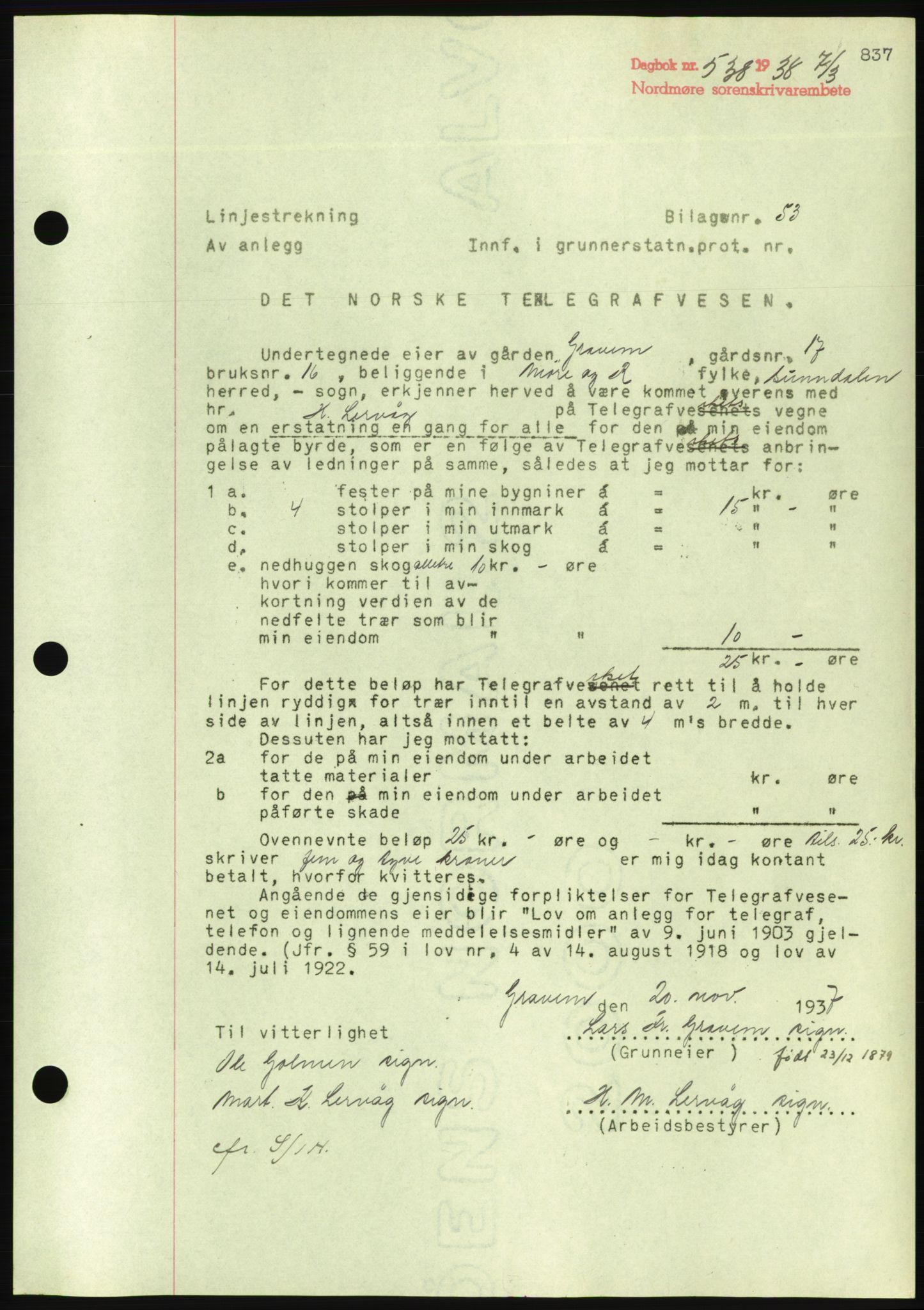 Nordmøre sorenskriveri, AV/SAT-A-4132/1/2/2Ca/L0092: Mortgage book no. B82, 1937-1938, Diary no: : 538/1938