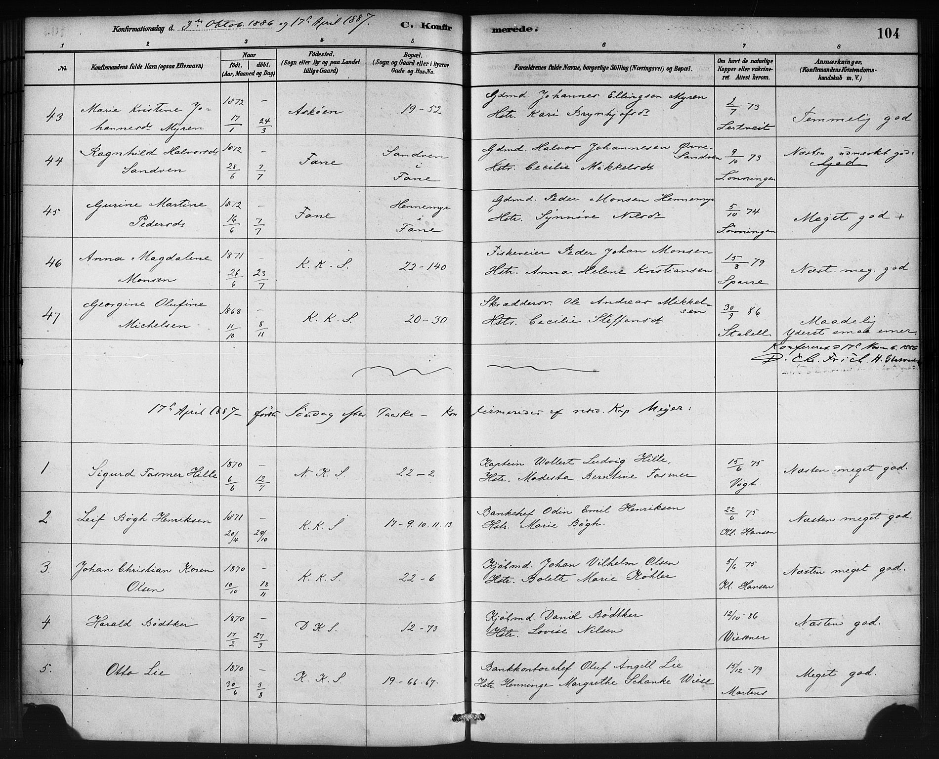 Korskirken sokneprestembete, SAB/A-76101/H/Haa/L0029: Parish register (official) no. C 5, 1880-1892, p. 104