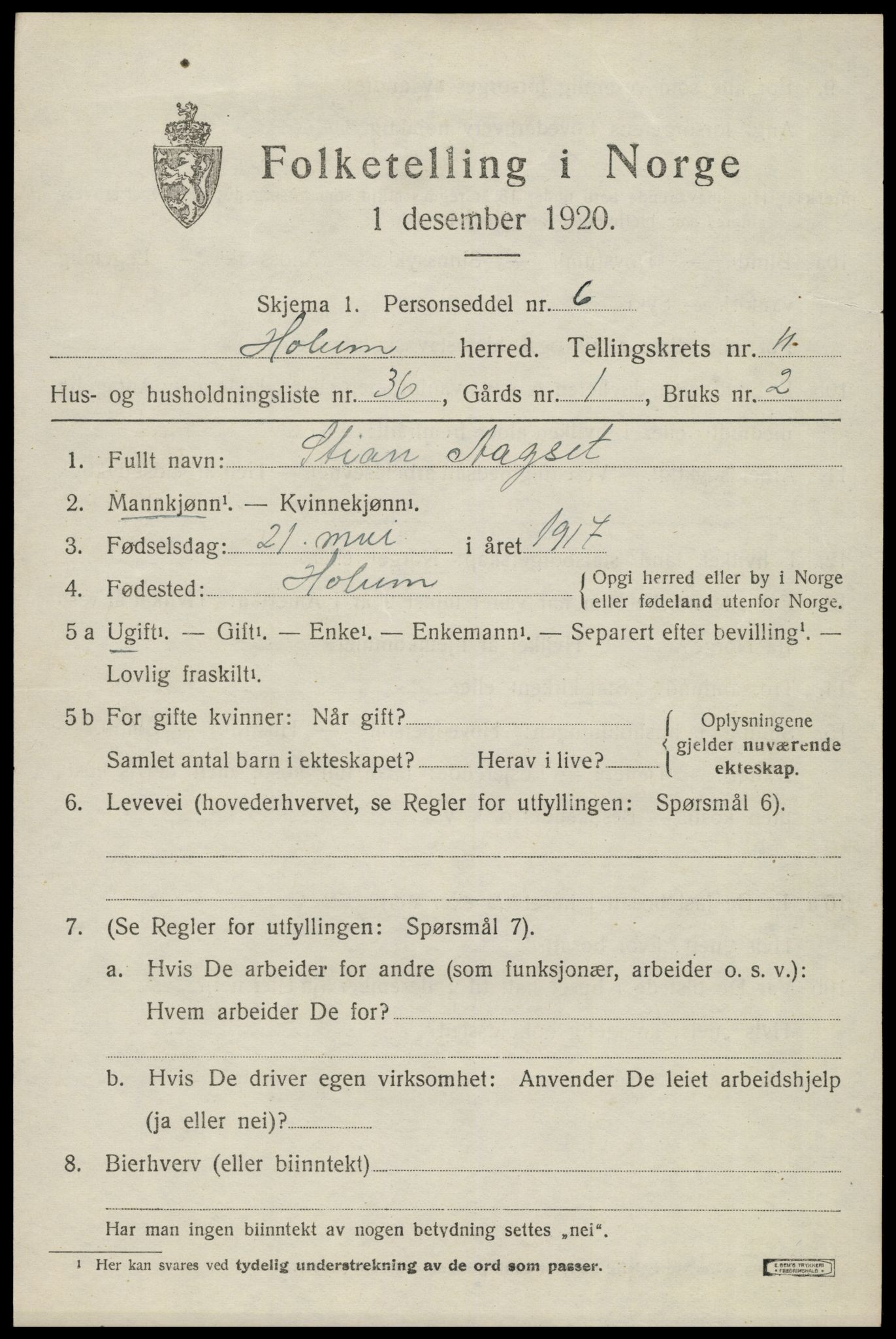 SAK, 1920 census for Holum, 1920, p. 3097