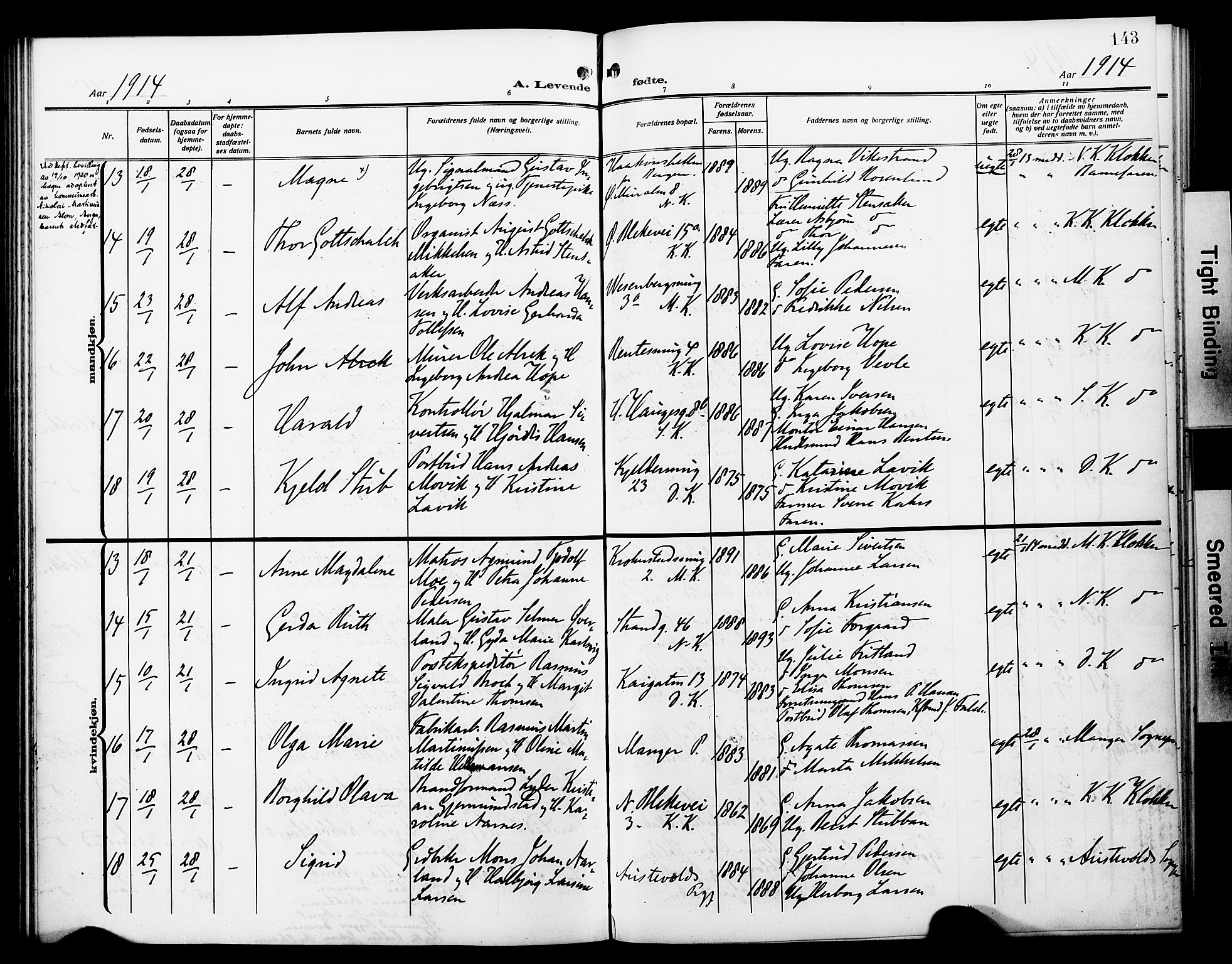 Fødselsstiftelsens sokneprestembete*, SAB/-: Parish register (official) no. A 4, 1910-1918, p. 143