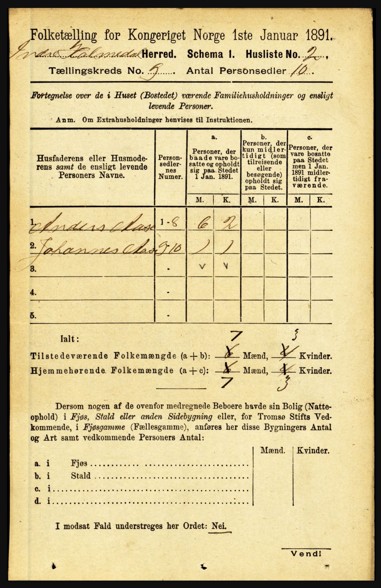 RA, 1891 census for 1430 Indre Holmedal, 1891, p. 3955